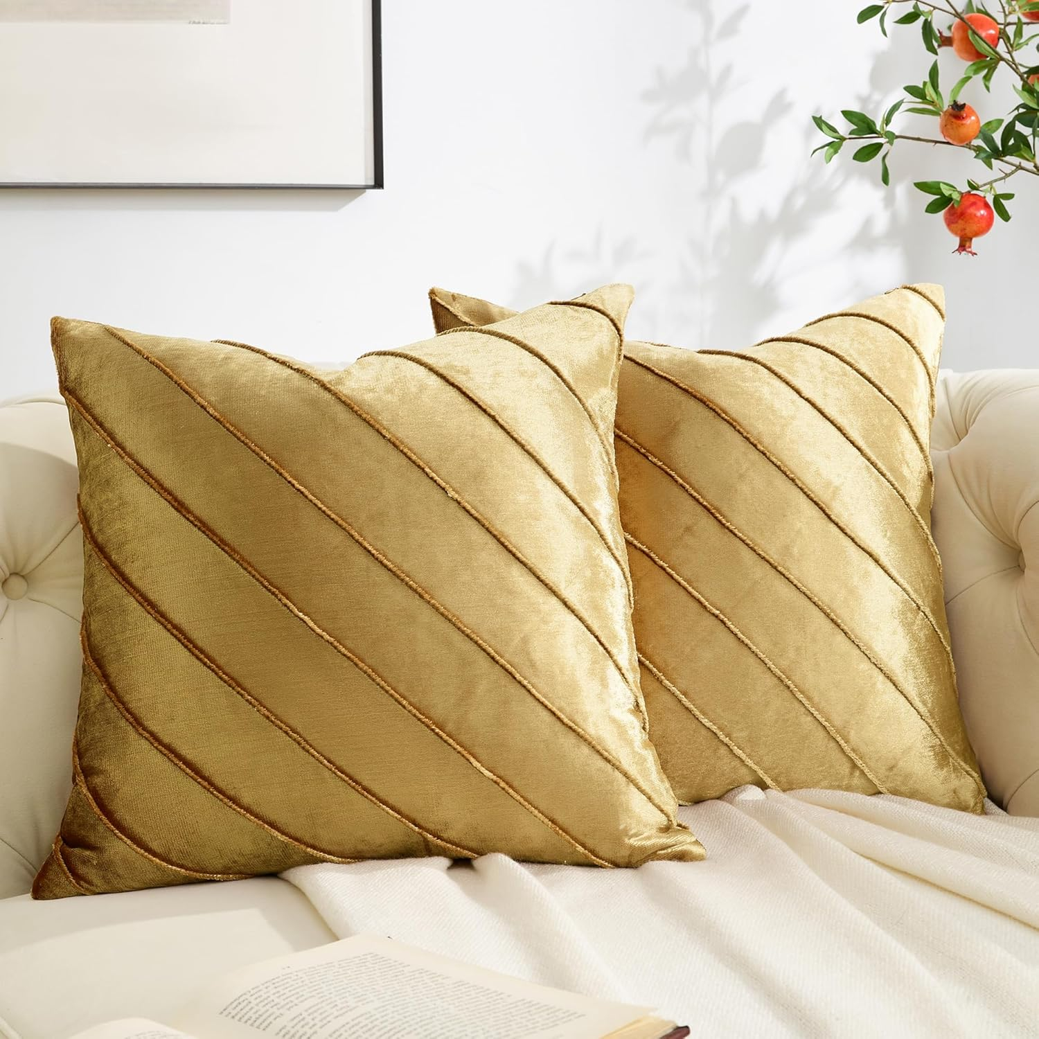 Gold Stripe Velvet Cushion Covers - Set of 2 | 18x18 Sofa Throw Pillow Cases | Decorative Living Room Couch Accent Covers