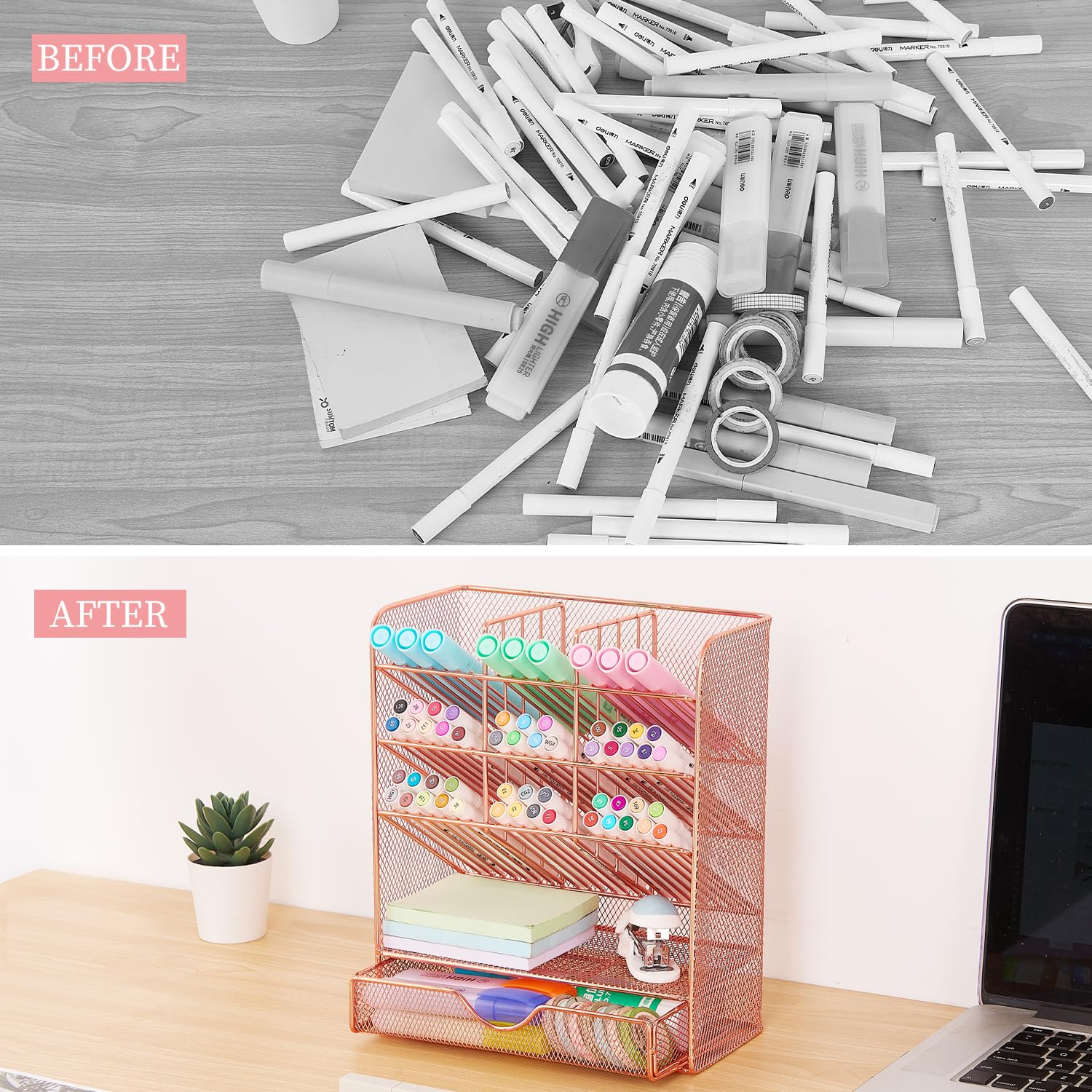 Spacrea Pen Holder Desk Organizer - Desk Organizers and Accessories, Pencil Holder with 10 Compartments and 1 Drawer（Rose Gold）