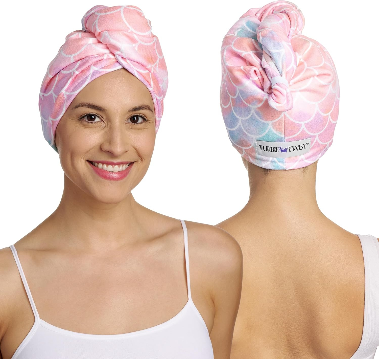 Turbie Twist Microfiber Hair Towel Wrap - 2 Pack - For Women, Men & Kids - Travel & Bathroom Essential - Quick Dry Hair Turban for Curly, Long & Thick Hair (Mermaid)