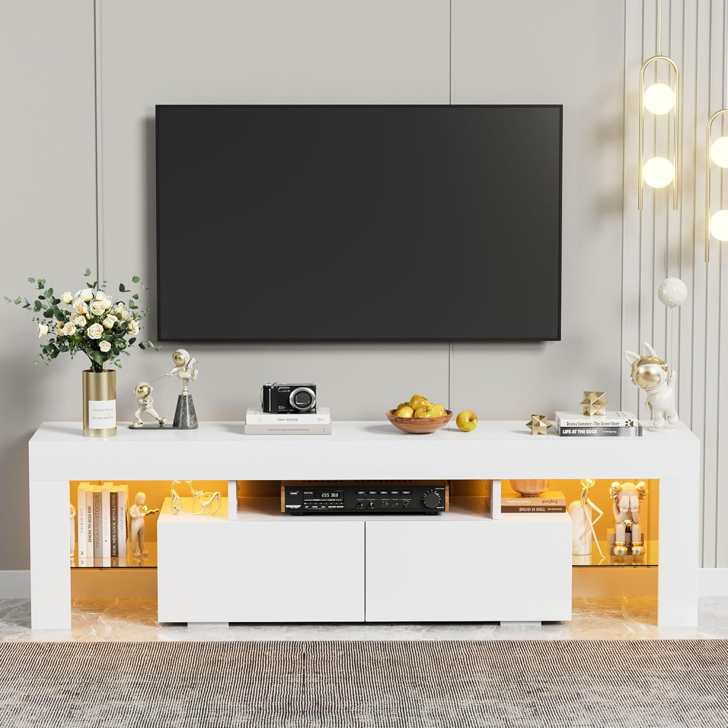 YESHOMY Modern LED TV Stand for Televisions up to 70 Inch with Glass Shelves and Drawer, Gaming Entertainment Center with Multiple Dynamic RGB Modes, for Livingroom, Bedroom, 60 Inch, White