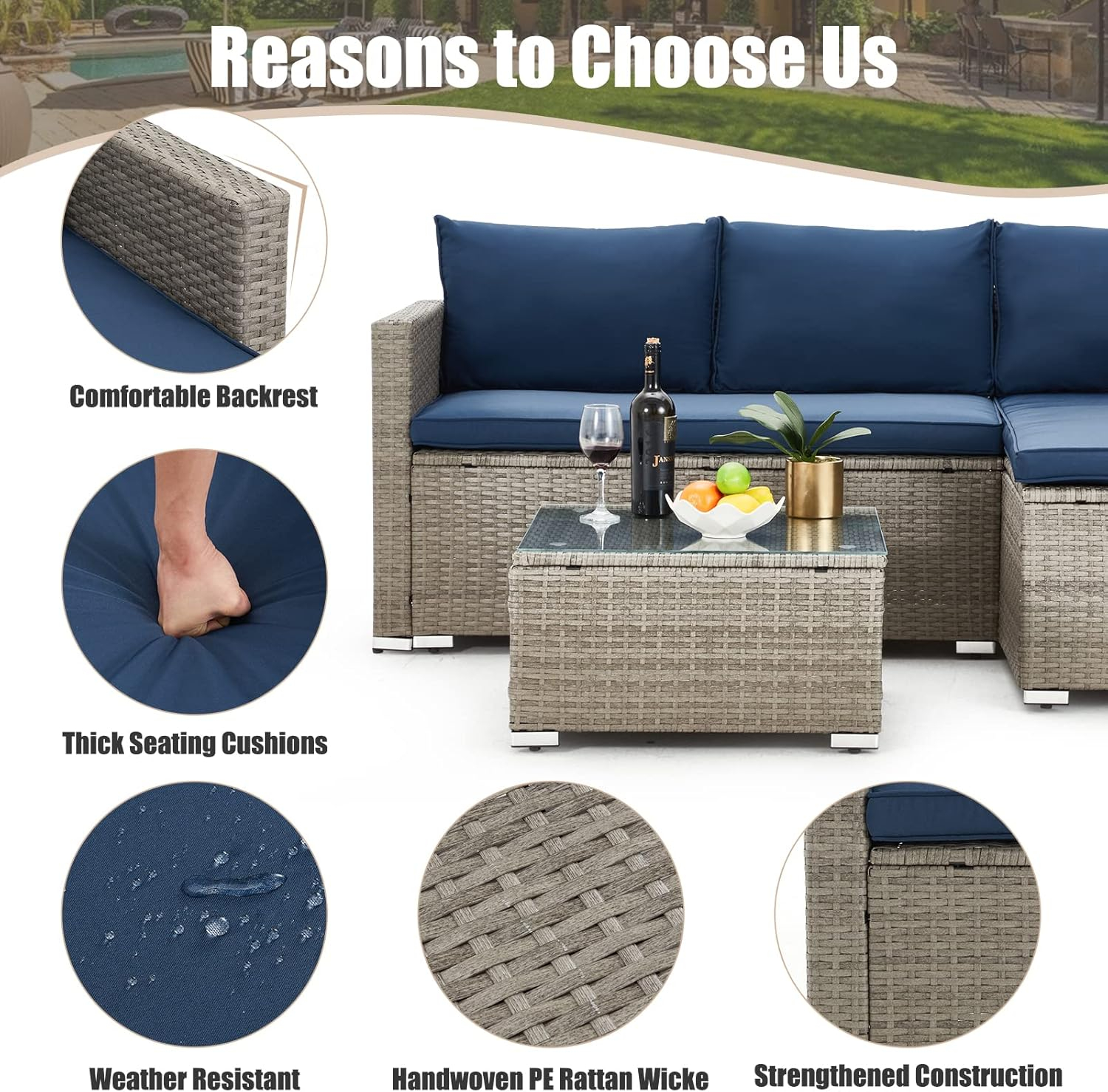AVAWING Outdoor Patio Furniture Sets, All-Weather Sectional Sofa with Tempered Glass Table, 3 Pieces Patio Wicker Couch with Washable Cushions for Garden, Backyard and Porch （Blue）