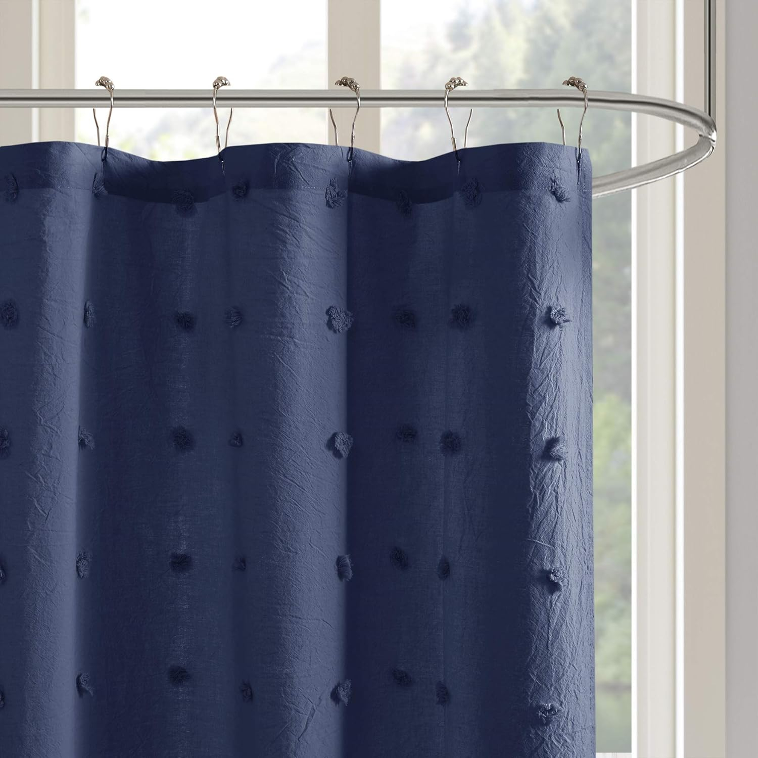 Urban Habitat Brooklyn Cotton Jacquard Pom Pom Shower Curtain in Indigo Blue