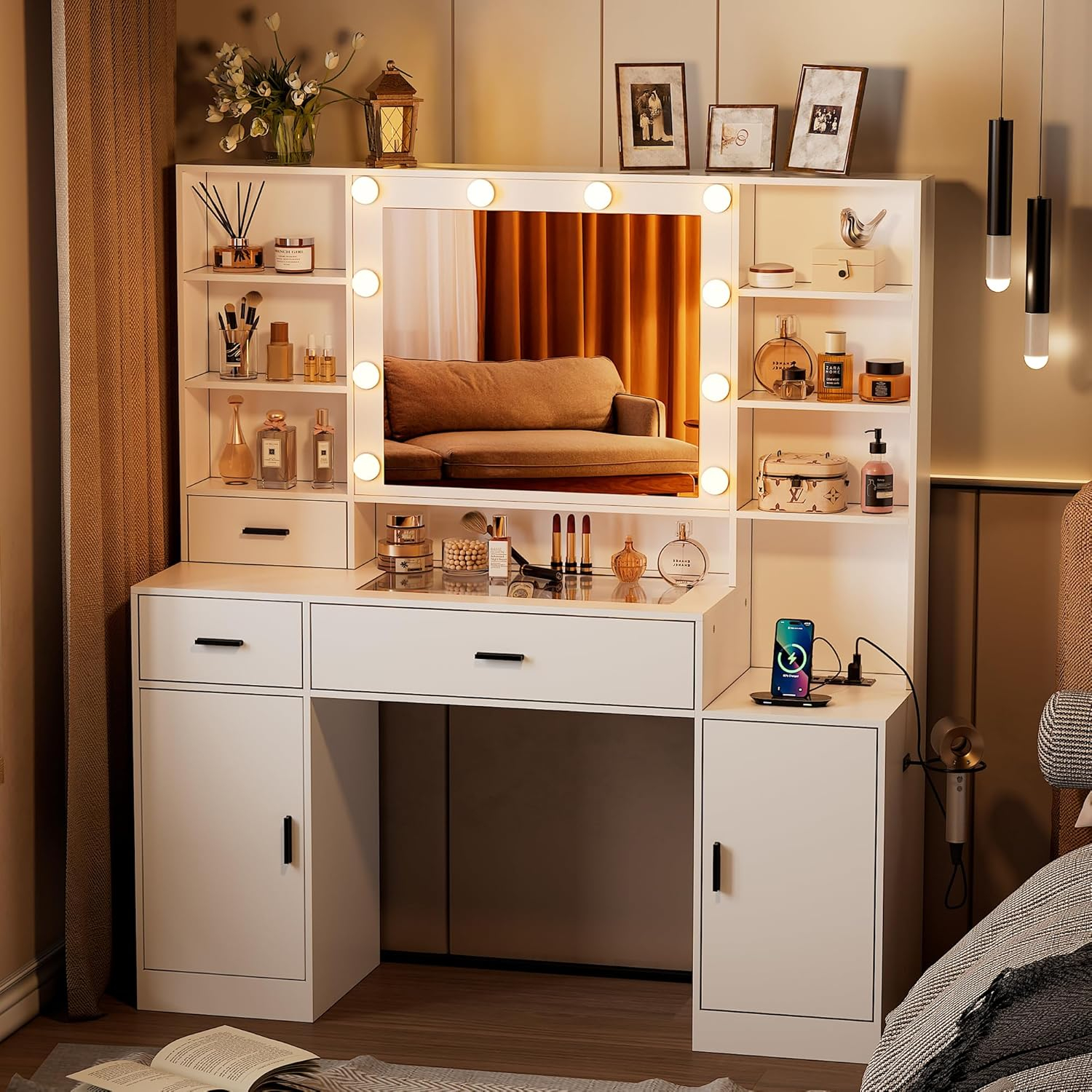 PAKASEPT Vanity Desk with Mirror and Lights, Corner Makeup Table with 3 Color Lighting, White Vanity with Power Strip & Hooks, Hidden and Open Shelves, Adjustable Brightness, 47.2 Inch