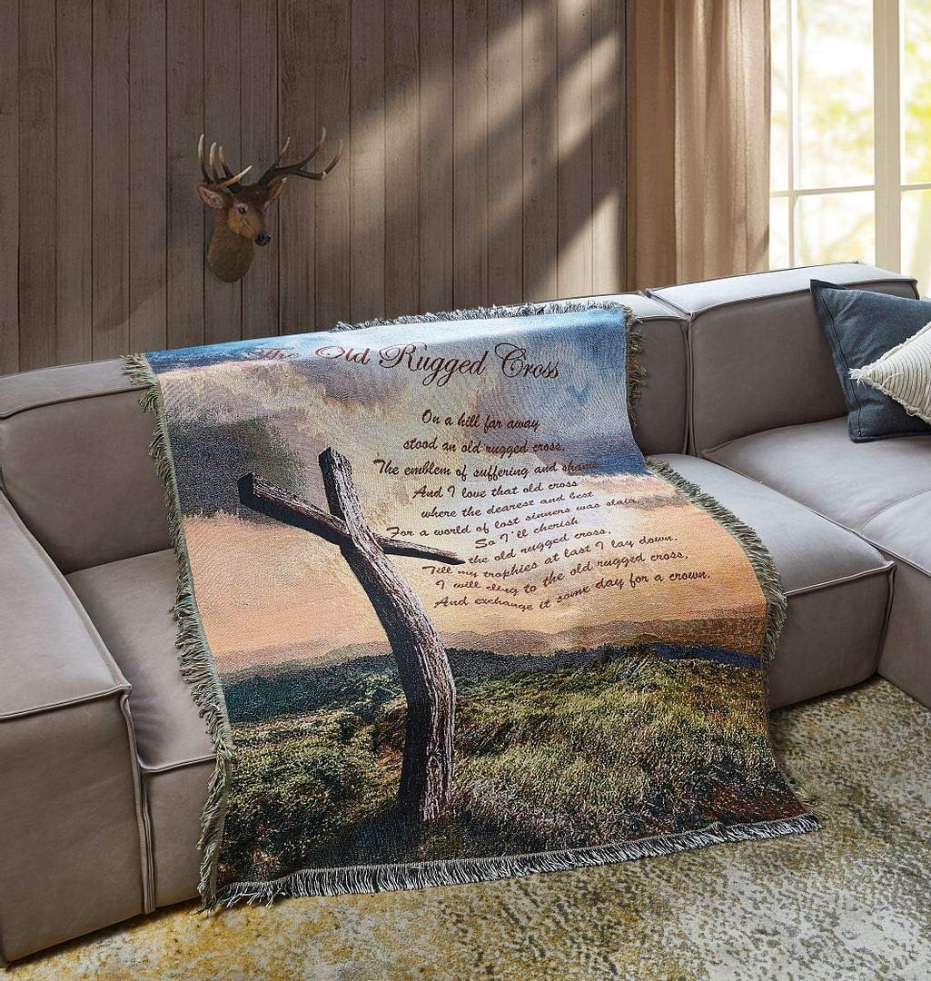 Virah Bella - Inspirational Tapestry Throw Blanket 50"x60" - Fringed Woven Tapestry Throw - Cozy & Beautiful Religious-Themed Blanket - Old Rugged Cross