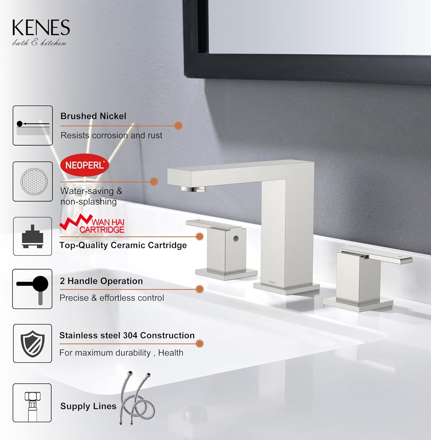 KENES 2 Handle Widespread Bathroom Faucets Brushed Nickel, Bathroom Sink Faucet 3 Hole Vanity Faucet with Lead-Free Supply Hose, KE-9050