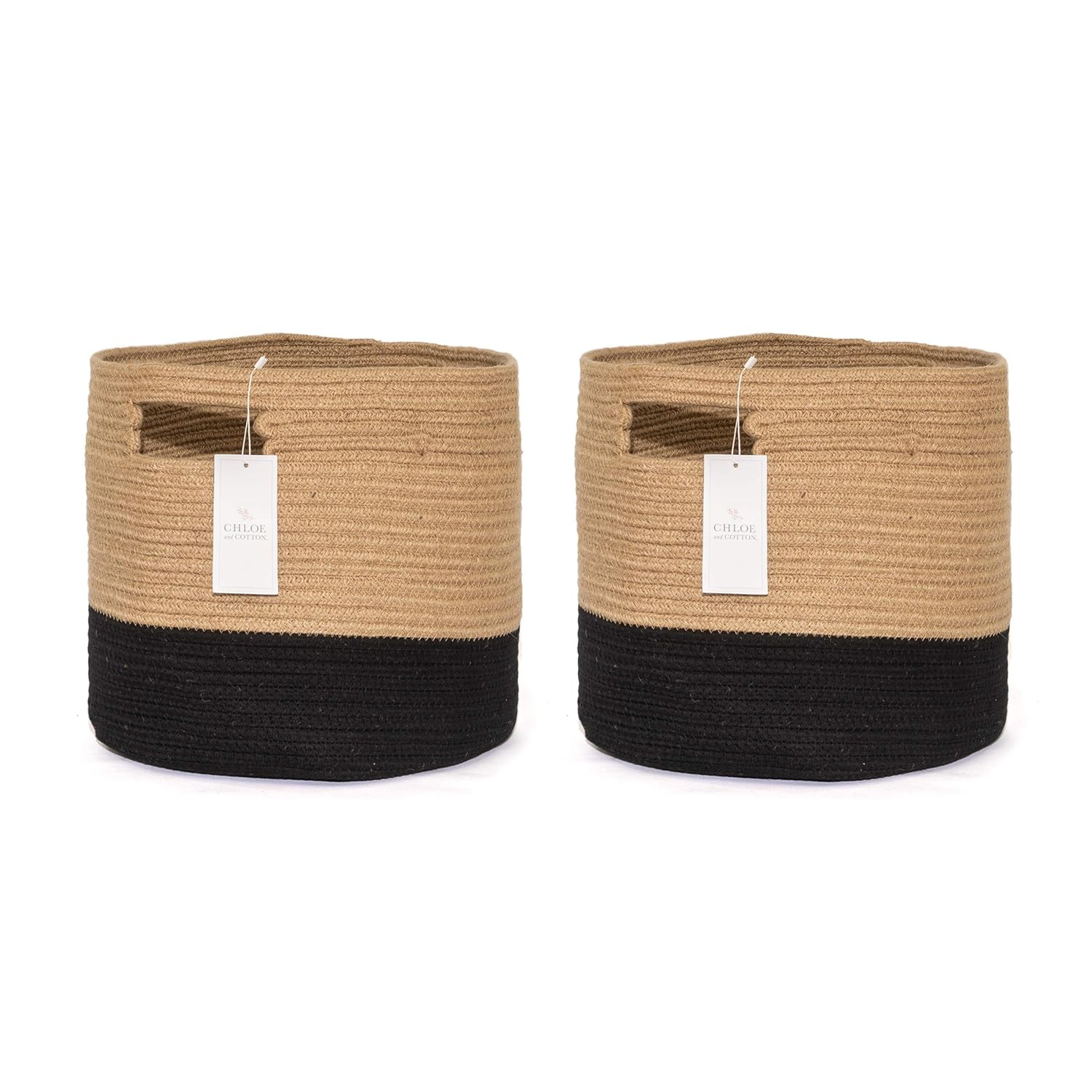 Chloe and Cotton Jute Baskets with Handles for Organizing Storage - Beige/White - Set of 2