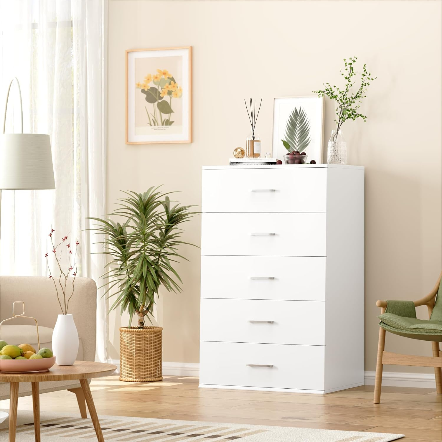 TTVIEW White Dresser, Chest of Drawers with Mental Handles, Tall White Dresser with 5 Drawers, Tall Dressers for Living Room, Kitchen, Entryway