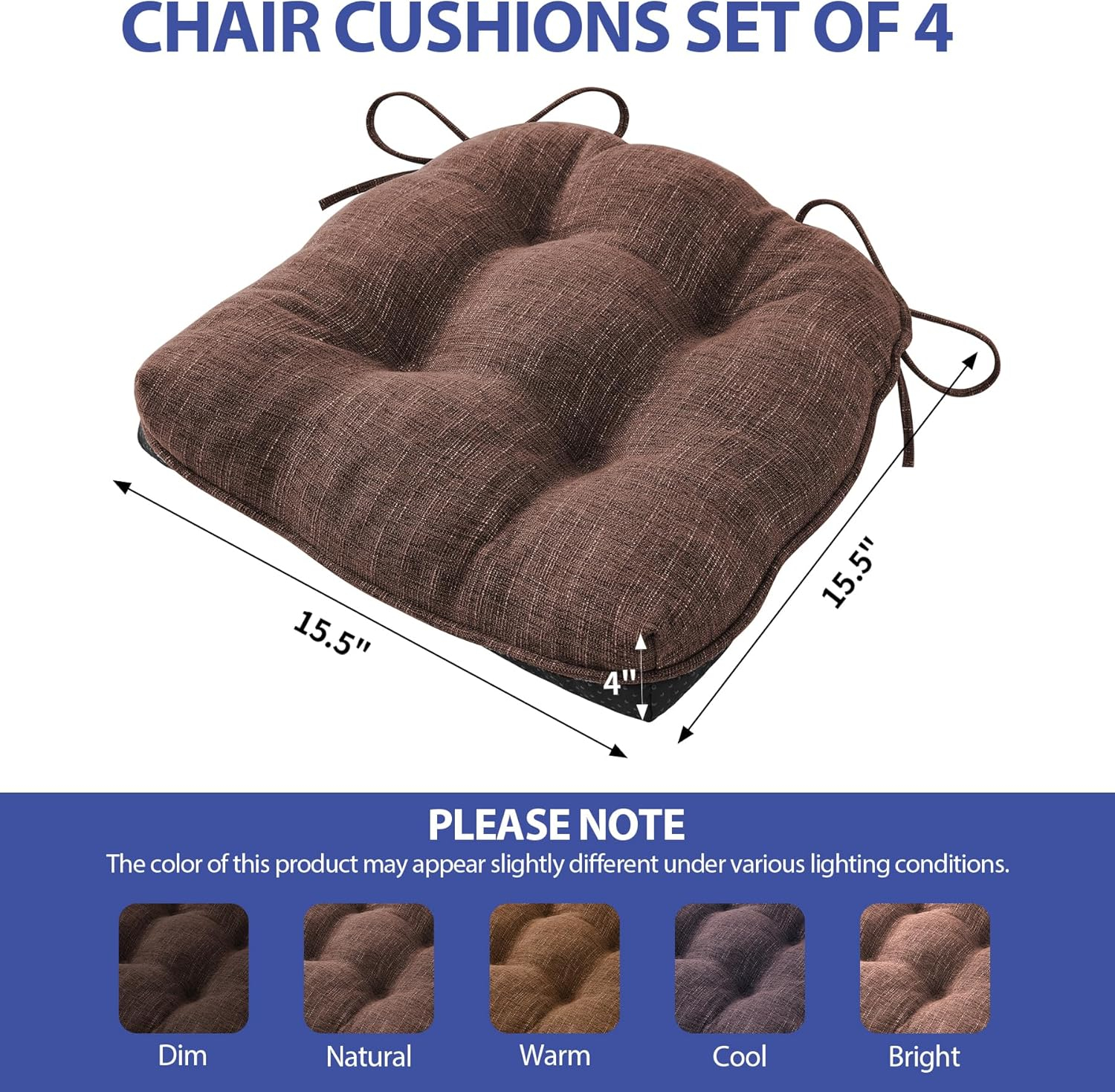 Chair Cushions for Dining Chairs Set of 4, Kitchen Chair Cushions, Chair Pads with Ties and Non Slip Backing, Tufted Memory Foam Seat Cushion 4 Pack, 15.5" x 15.5" x 4", Brown