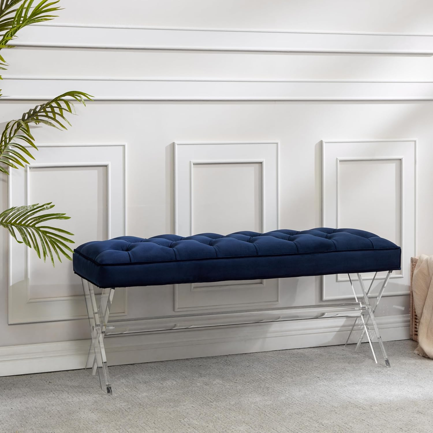 Safavieh Couture Home Collection Tourmaline Glam Navy Blue Velvet Tufted Acrylic Living Room Bedroom Dining Foyer Entryway Ottoman Bench