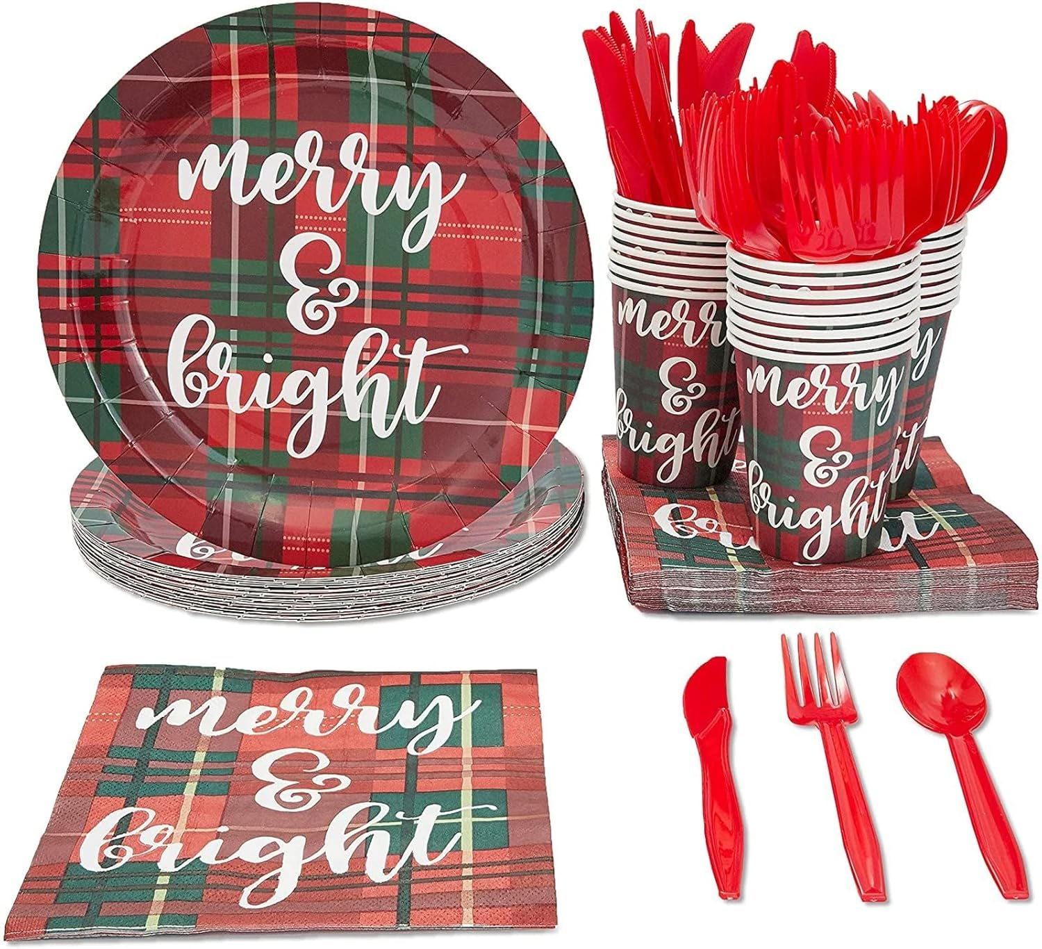 Juvale 144 Piece Christmas Dinnerware with Plaid Paper Plates, Napkins, Cups, Cutlery, Merry & Bright (Serves 24) - Paper Plate - Christma Napkin