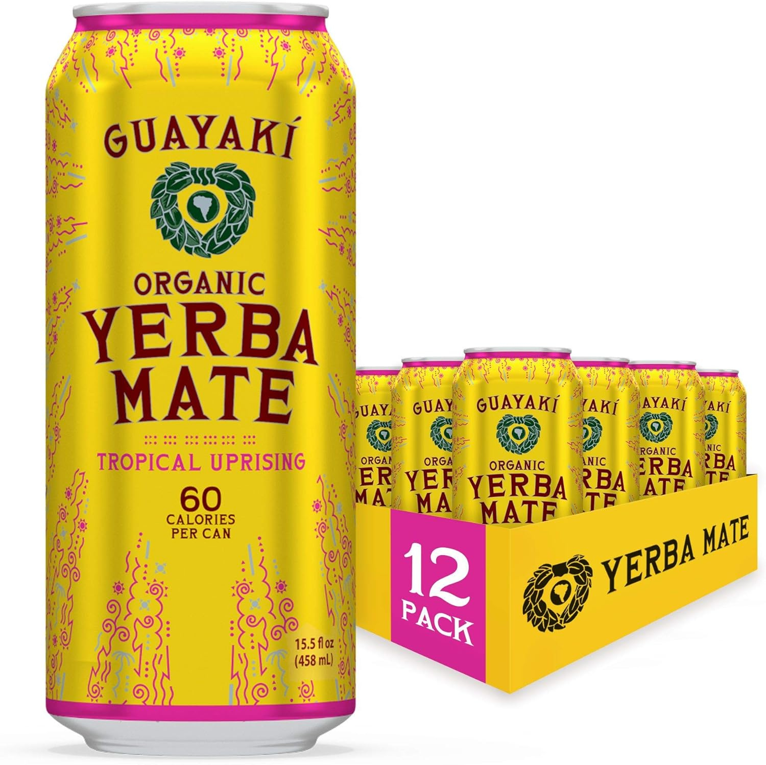 Guayaki Yerba Mate, Clean Energy Drink Alternative, Organic Tropical Uprising, 15.5oz (Pack of 12), 150mg Caffeine