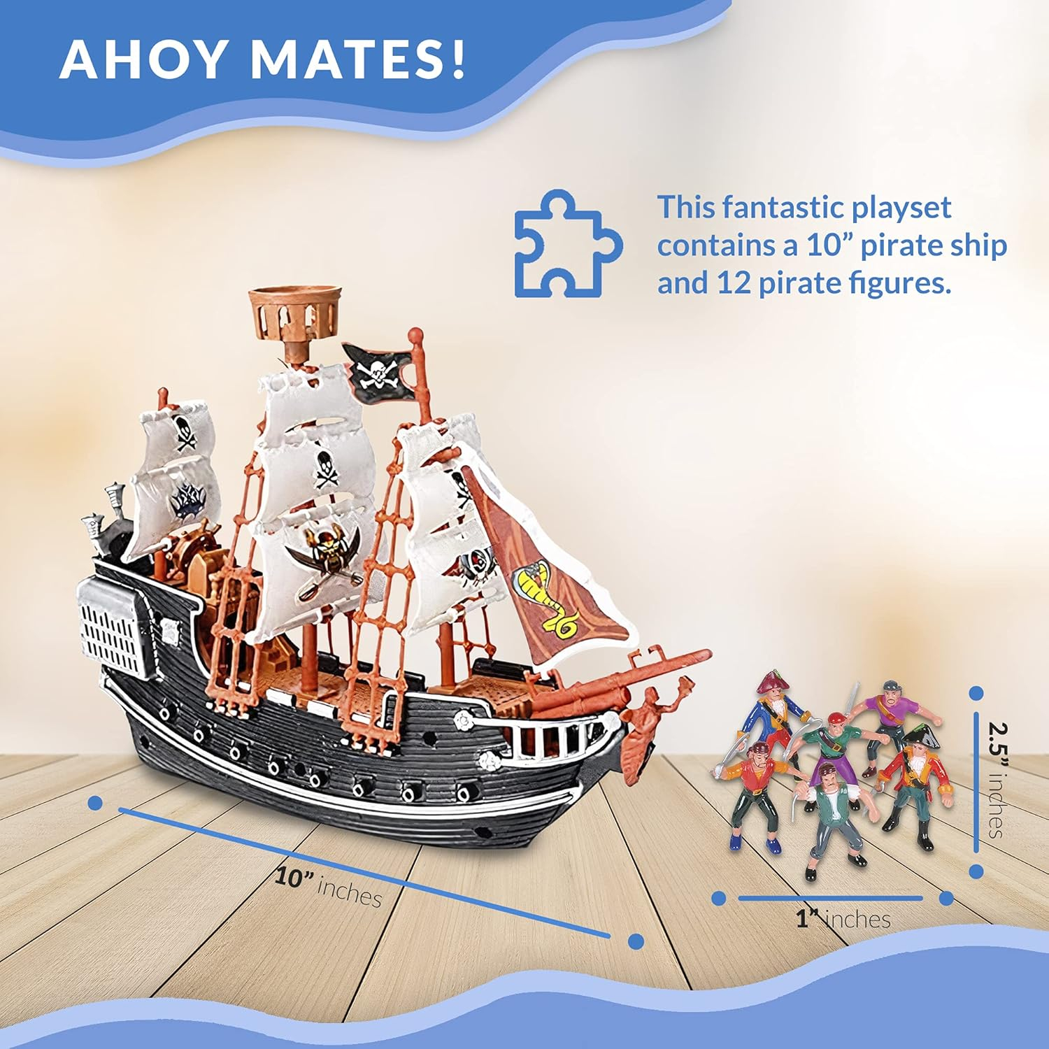 Pirate Playset - 10 inch Pirate Ship with 2 inch Pirate Figurines - Hours of Imaginative Play- Makes a Great Gift or a Fun Prize - Ages 3yrs+