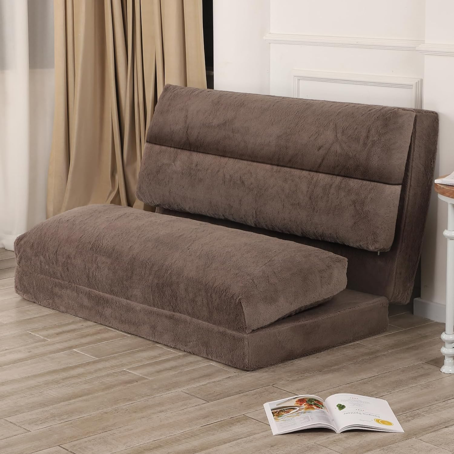Bean Bag Bed for Adults, 54x95 Inch Floor Sofa Bed with Washable Soft Faux Fur Cover, Fluffy Soft Foldable Couch for Living Room, Bedroom, Guest Room (Brown)