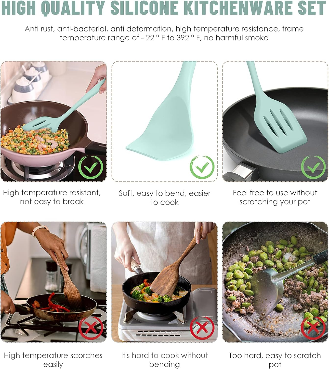 VIVAYO 12 Pieces Silicone Kitchen Utensils Set, Kitchen Cooking Spatula Sets with Holder for Cookware Heat Resistant Spoons, Turners,Tongs, Whisk, Basting Brush, Green