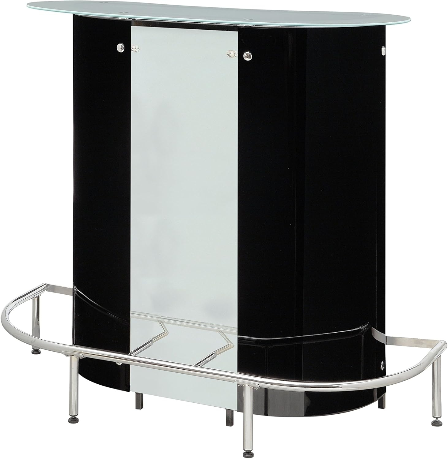 Coaster Company Kidney-Shaped Bar Unit with Frosted Glass Top and Chrome Footrest, Black / White