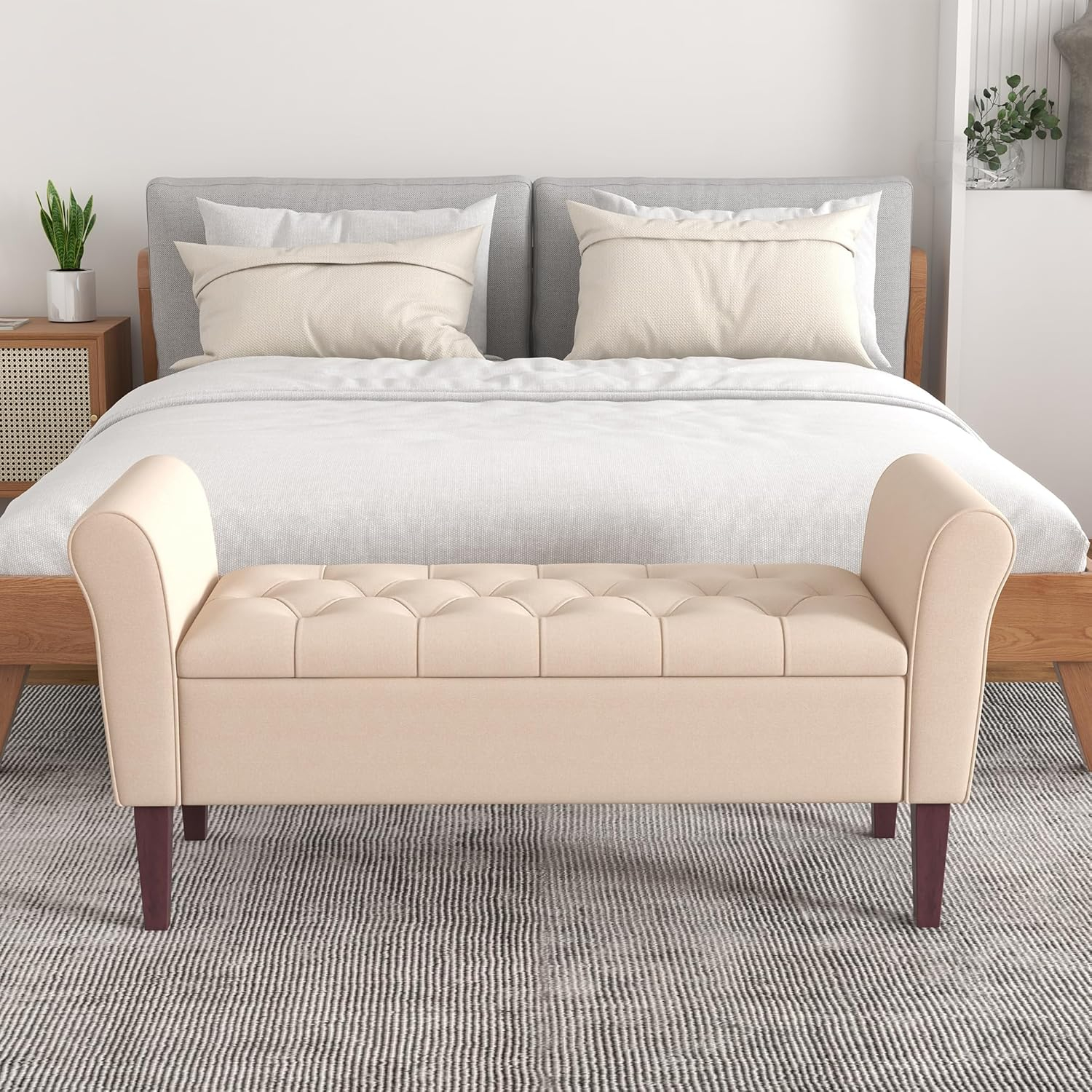 Tan Tufted Fabric Storage Ottoman Bench with Solid Wood Legs
