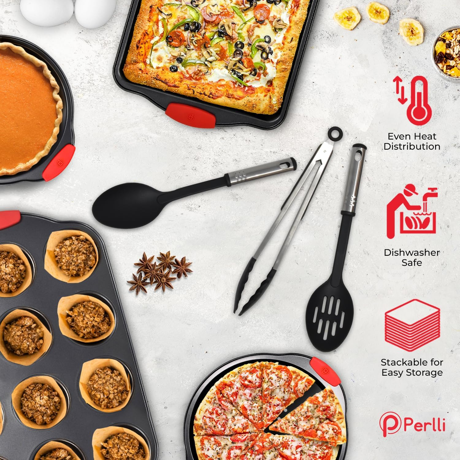 PERLLI Non-Stick 17-Piece Baking Pan Set, BPA-Free Carbon Steel Bakeware Set with Silicone Handles, Stackable Kitchen Oven Set, Cookie Sheet, Baking Tray, Baking Sheet Set, Utensils, Oven Safe (446°F)