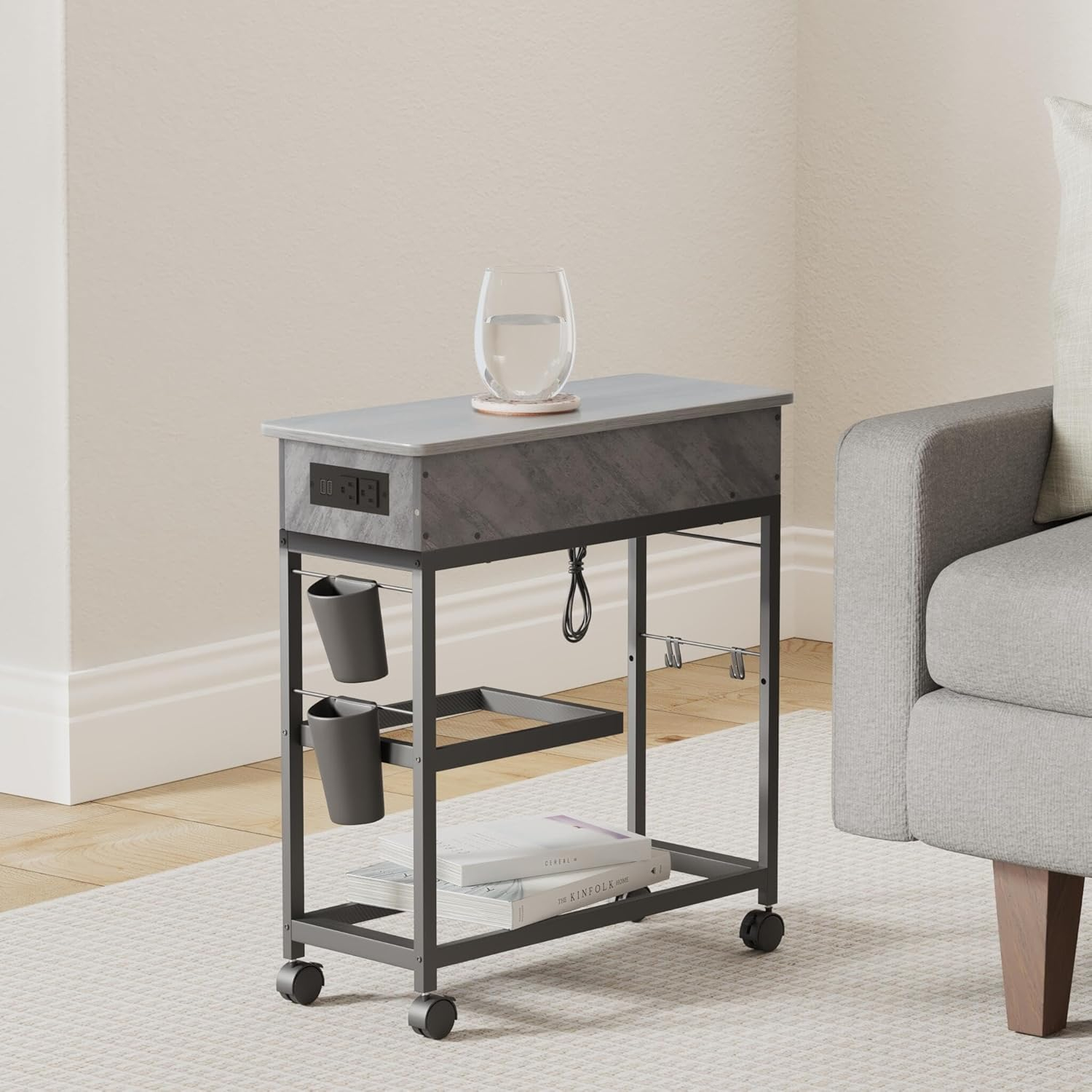 Colima Lift Top End Table with Charging Station and Wheels, Sofa Side Table with USB Port & AC Outlets, Movable Bedside Nightstand with Side Bag for Office Living Room Bedroom(Gray)
