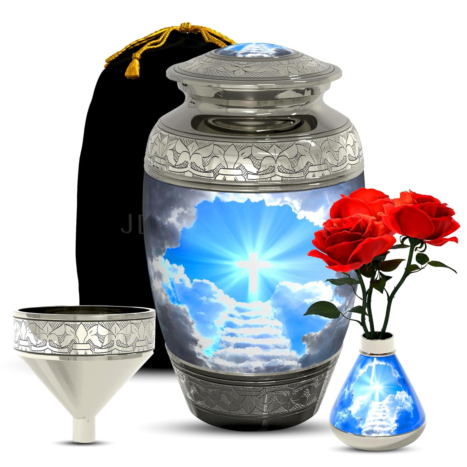Stairway to Heaven Large Cremation Urn for Human Ashes with Handcrafted Funnel (Christian/Catholic/Cross/Adult/Male/Female)
