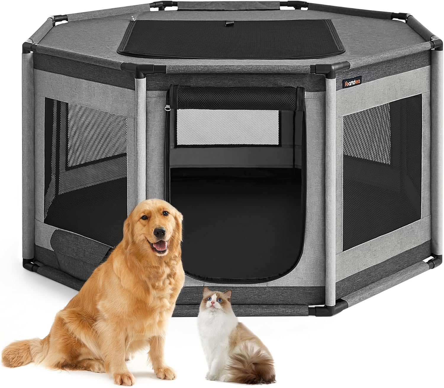Feandrea Dog Playpen, Oxford Fabric Dog Fence, Octagon Dog Crate, L, 44.1 x 44.1 x 24.4 Inches, PVC Pipe Frame, Breathable Mesh, Double Openings, Dove Gray and Slate Gray UPDC003G01