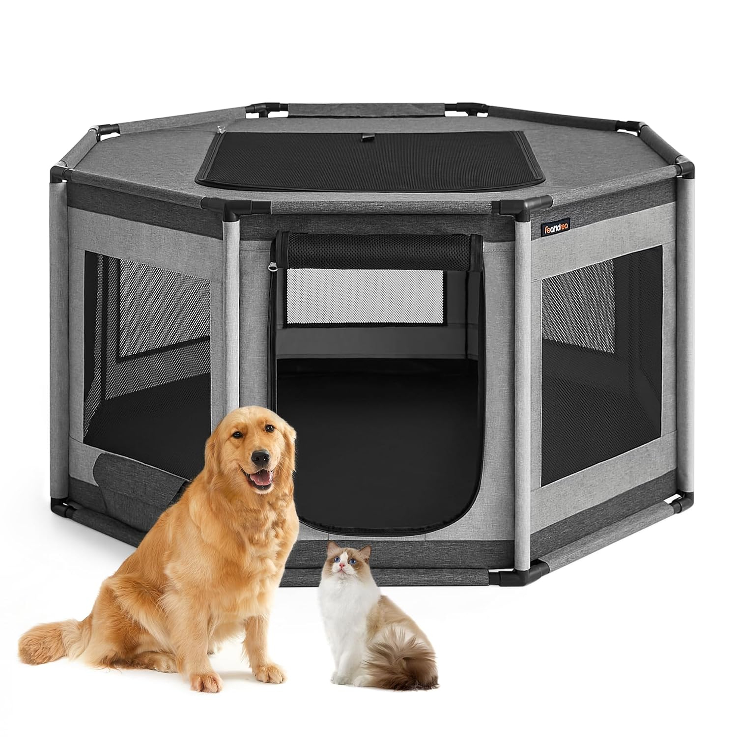 Feandrea Dog Playpen, Oxford Fabric Dog Fence, Octagon Dog Crate, L, 44.1 x 44.1 x 24.4 Inches, PVC Pipe Frame, Breathable Mesh, Double Openings, Dove Gray and Slate Gray UPDC003G01
