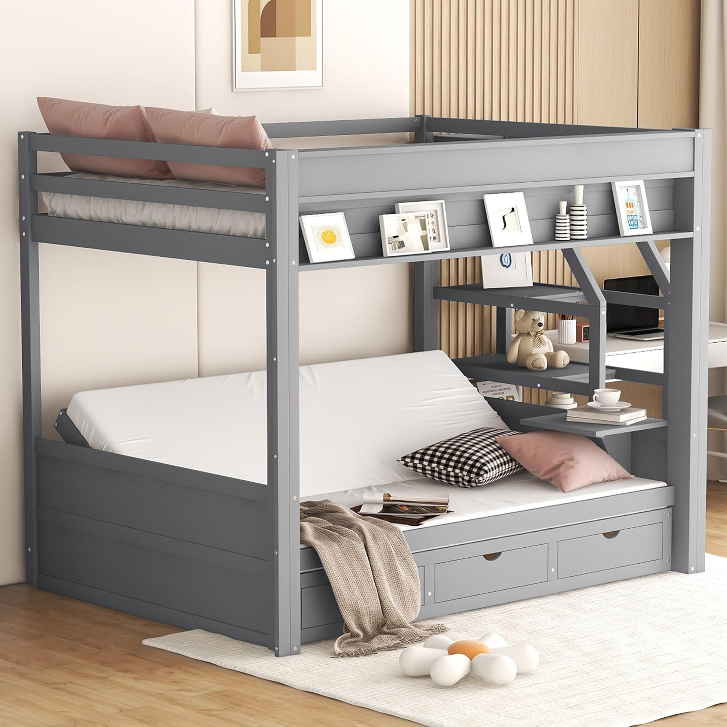 Harper & Bright Designs Full Over Full/Futon Bunk Beds with Stairs and 3 Drawers, Built-in Shelf, Bottom Bed can be Converted into Daybed, Solid Wood Bunk Bed Frame - Gray