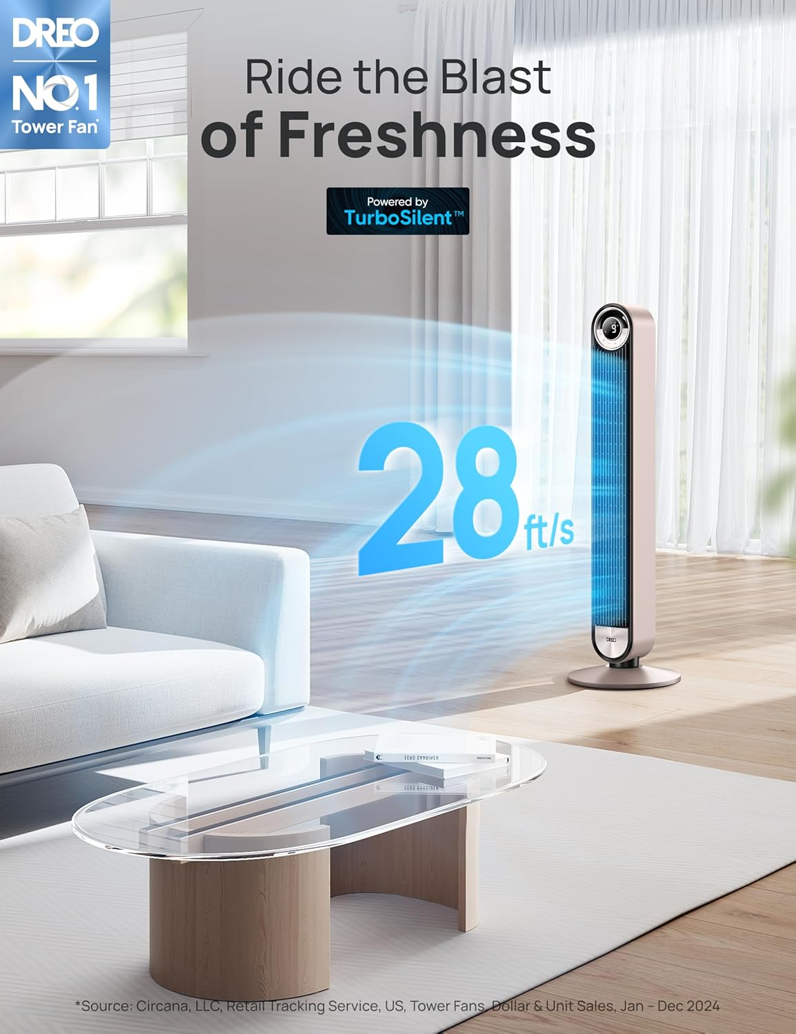 Dreo Tower Fan for Bedroom, 90° Oscillating Standing Fan with 28ft/s Velocity, 25dB Quiet for Sleep, DC Motor, 9 Speeds, 4 Modes, 12H Timer, Voice & APP & Remote Control, 42" Cruiser Pro T2 S