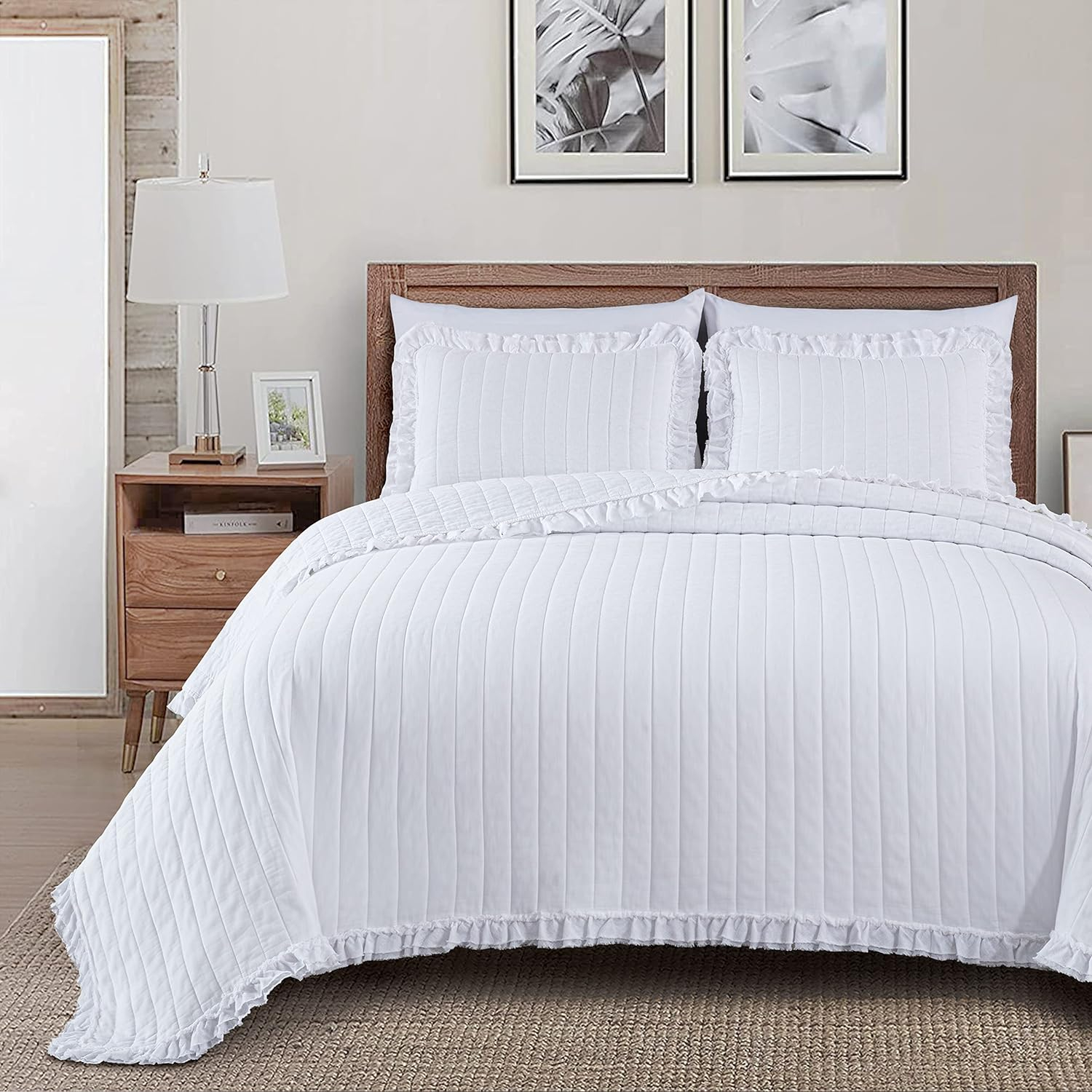 Chezmoi Collection Bonnie 3-Piece 100% Cotton Quilt Set Queen Size, White - Double Frayed Ruffled Edge Lightweight Pre-Washed Soft-Finished Cotton Bedspread for All Season