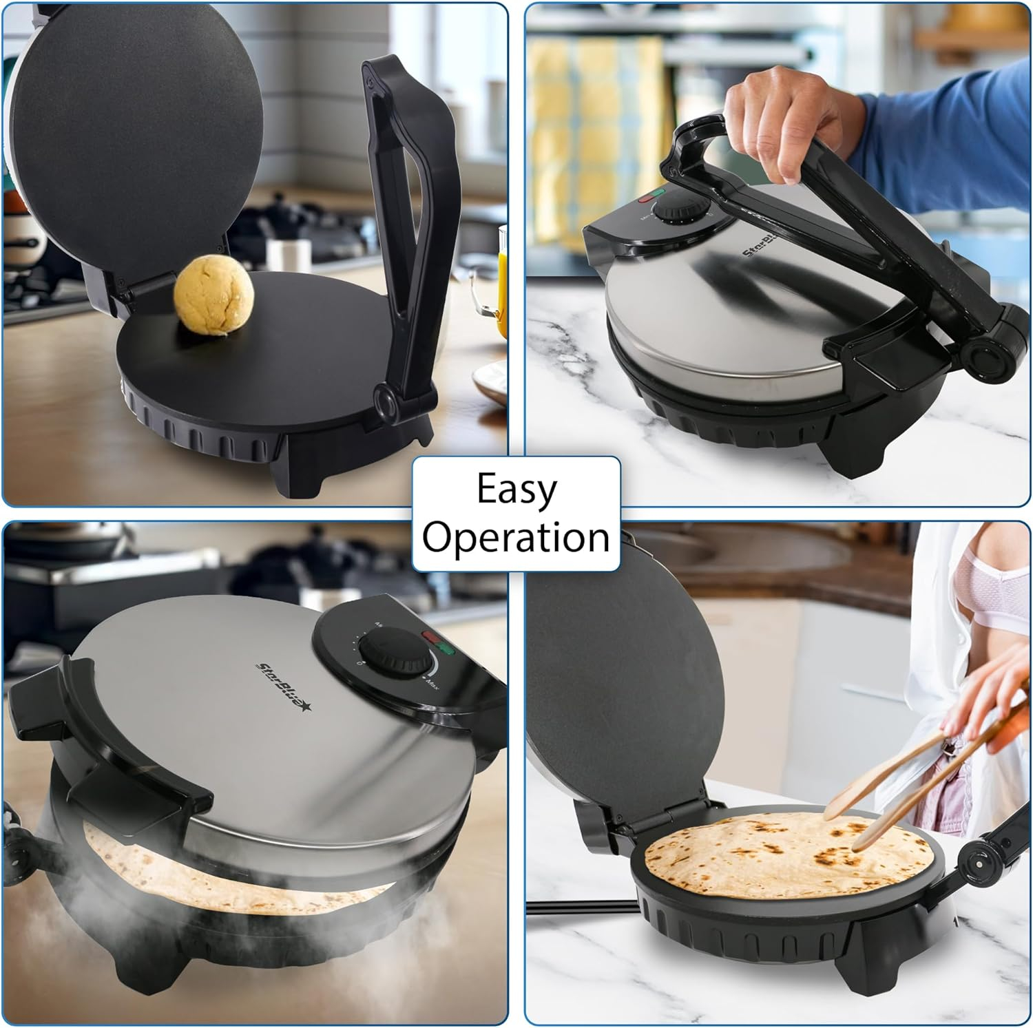 10inch Roti Maker by StarBlue with FREE Roti Warmer - The automatic Stainless Steel Non-Stick Electric machine to make Indian style Chapati, Tortilla, Roti AC 120V 50/60Hz 1200W