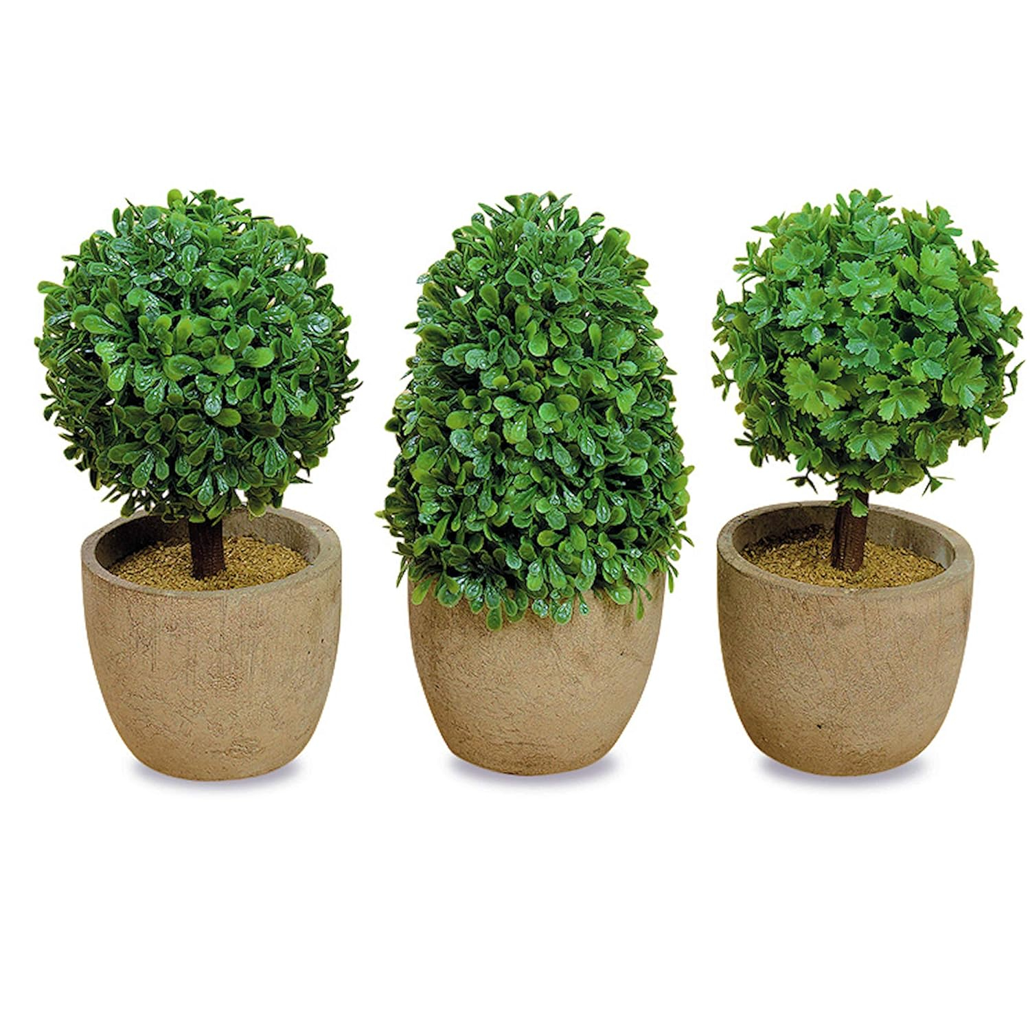 Realistic Faux Boxwood Sculptural Topiary, Set of 3, Curly Leaf, Cone and Ball Tops, Gray Stone Pot, Each 5 1/2 Inches Tall, Mixed Materials