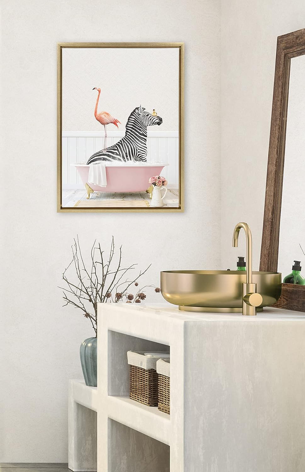 Gold Framed Zebra and Flamingo Canvas Wall Art, 18x24