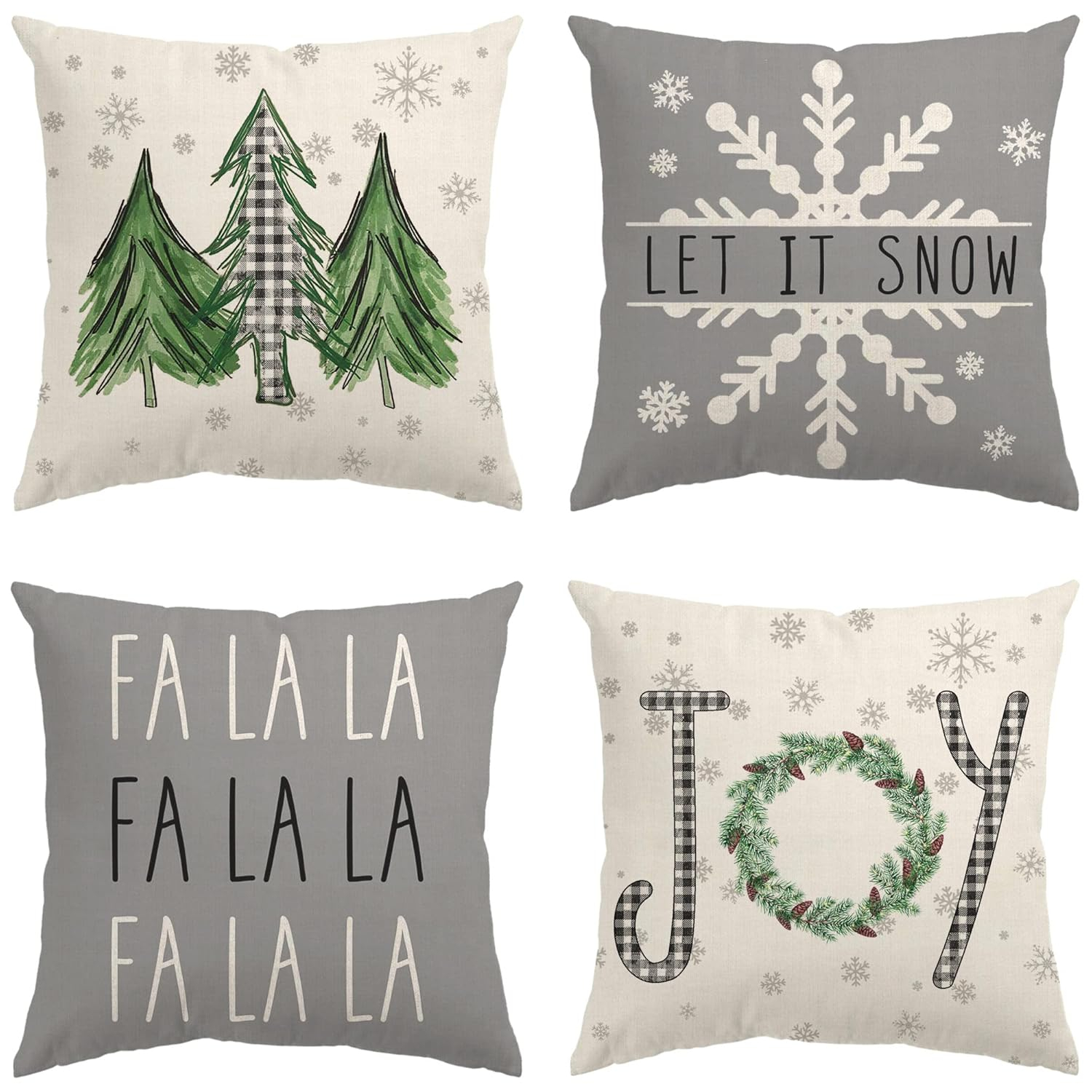 Glaring Christmas Pillow Covers 18x18 Set of 4 Farmhouse Christmas Decorations Merry Tree Joy Let It Snow FA La La Winter Holiday Decor Throw Cushion Case for Home Couch