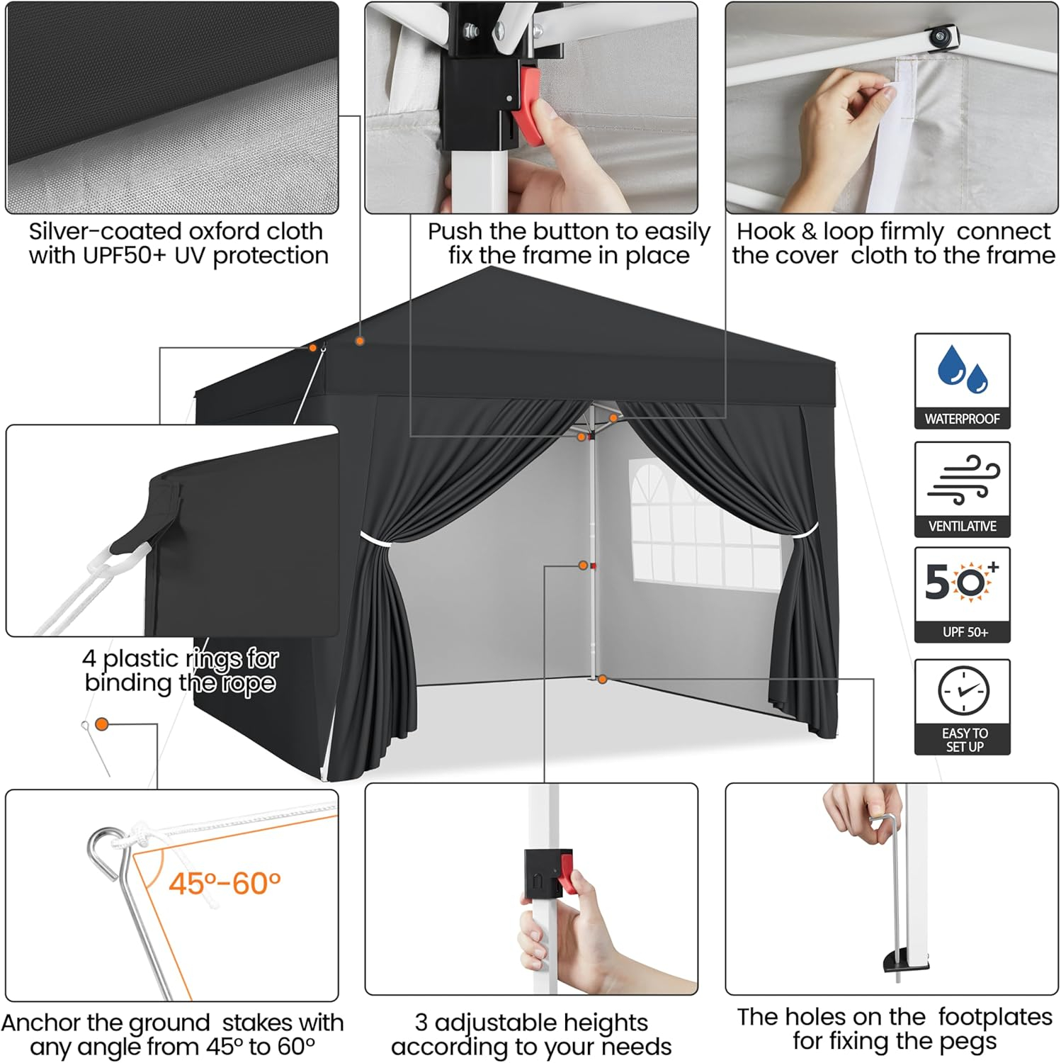 Yaheetech 8x8 Pop Up Canopy with 4 Removable Sidewalls, Portable Enclosed Instant Tent, Waterproof Outdoor Tent, Beach Sun Shelter with 4 Sandbags, 8 Stakes & 4 Ropes, Black