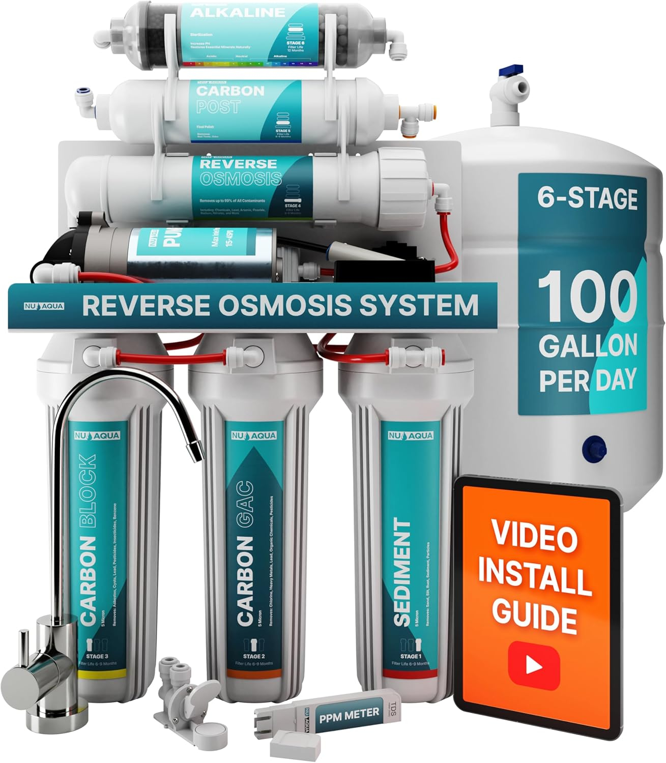 NU Aqua 6-Stage Alkaline Under Sink Reverse Osmosis Water Filter System - Booster Pump - 100 GPD RO Filtration w/Faucet & Tank - Remineralization - 100GPD Undersink - Home & Kitchen Drinking Purifier