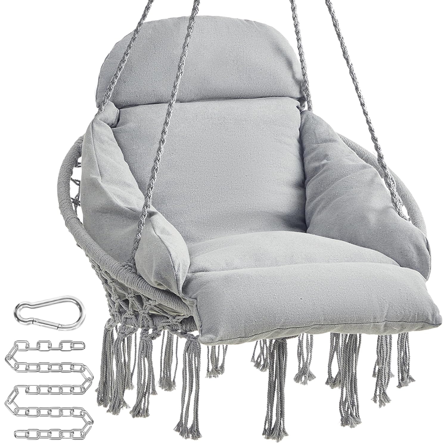 SONGMICS Hanging Chair, Hammock Chair with Large, Thick Cushion, Boho Swing Chair for Bedroom, Patio, Balcony, Garden, Holds up to 264 lb, Accessories Included, Dove Gray UGDC042G11