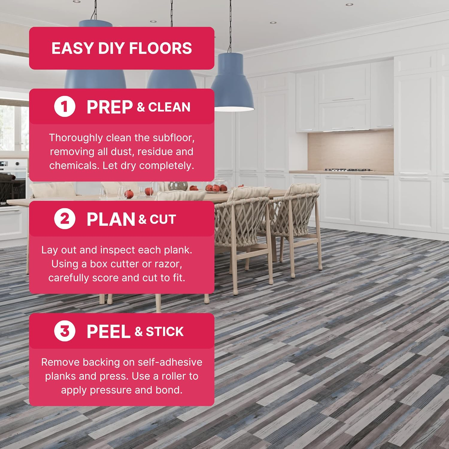 Gray and Blue Wood-Look Vinyl Peel and Stick Flooring Tiles
