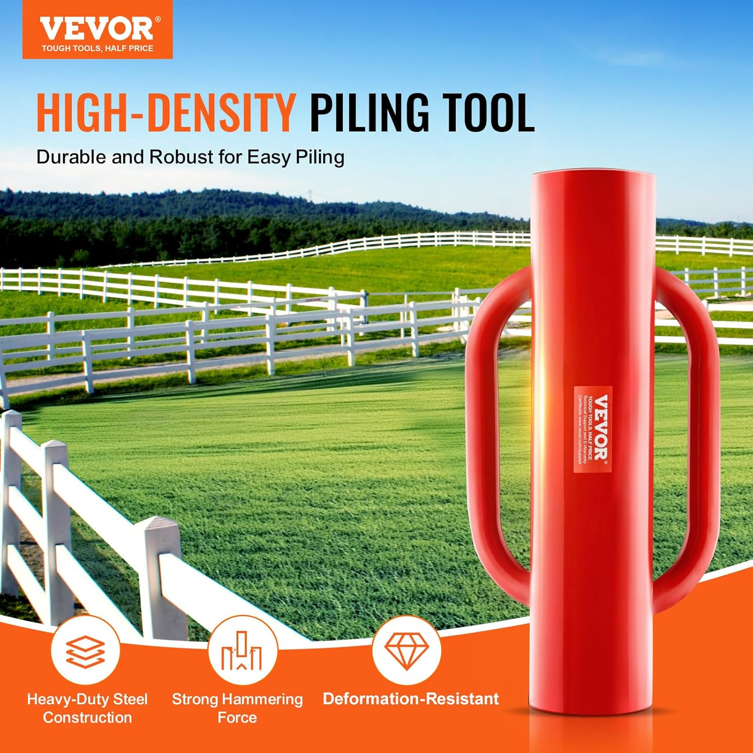 VEVOR Fence Post Driver with Handles, 4.11 in Inner Diameter T Post Pole Pounder, 22LB Heavy Duty Carbon Steel Hand Post Rammer, Farm Fencing Hole Digger for U Channel, Sign Pole, Wooden Post, Red