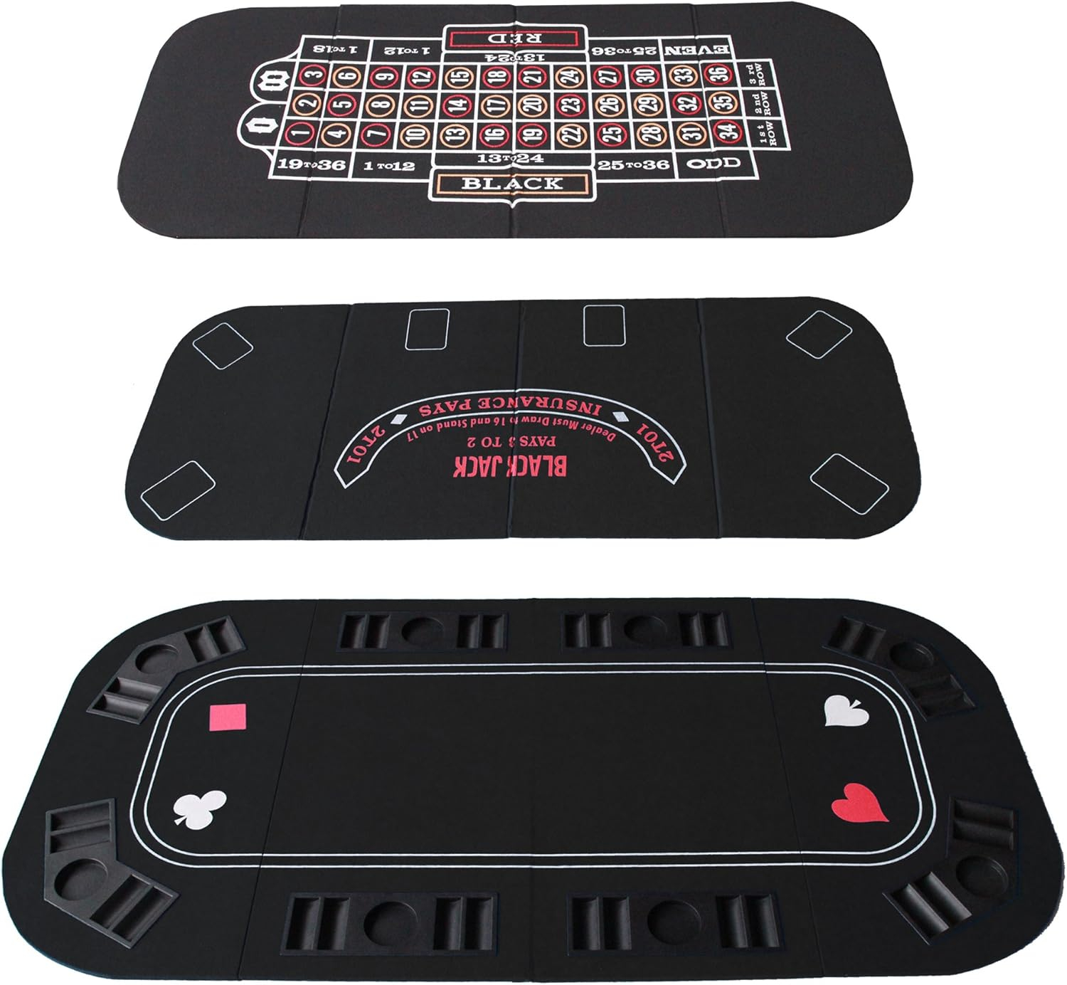 INO Design 63" Portable Texas Holdem Casino Game Mat 3 in 1 for Poker Blackjack Roulette Folding Poker Table Top Black