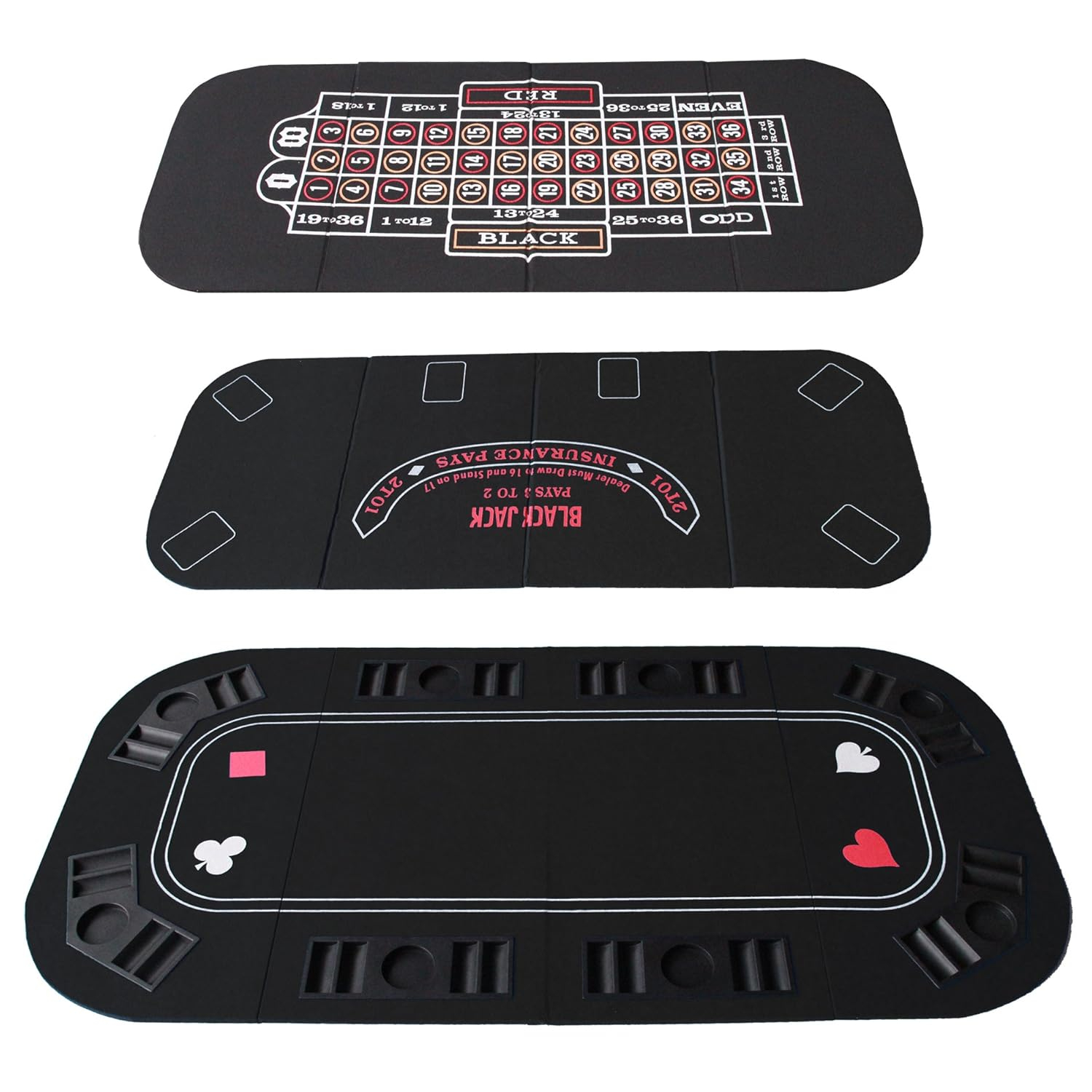 INO Design 63" Portable Texas Holdem Casino Game Mat 3 in 1 for Poker Blackjack Roulette Folding Poker Table Top Black