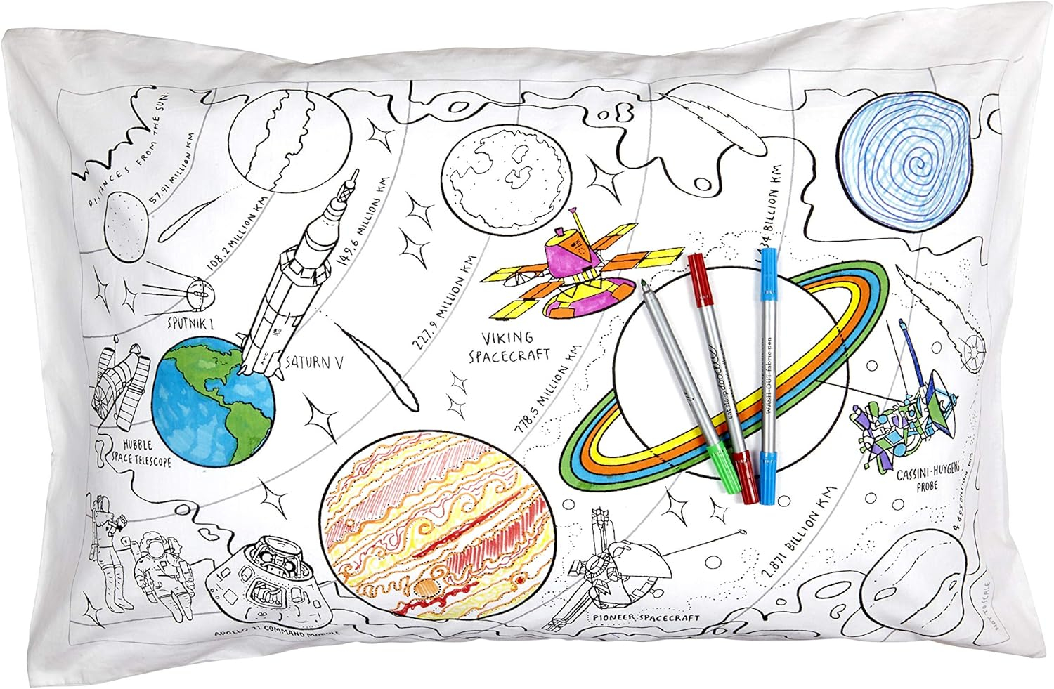 eatsleepdoodle Coloring Cotton Pillowcase with washable markers - Space Explorer Color in Activity Craft Kit Age 3+