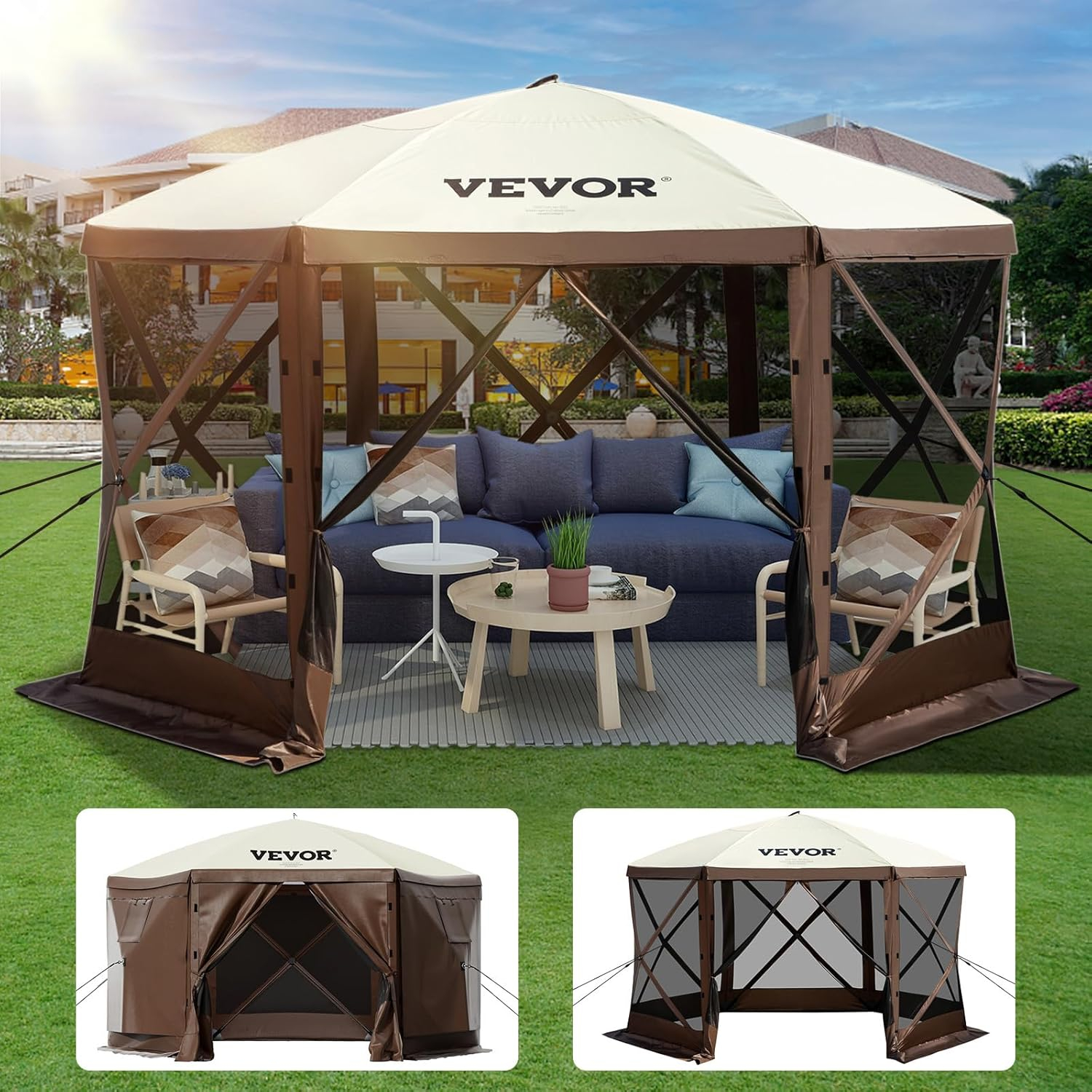 VEVOR Pop Up Gazebo Screen Tent 12 x 12 Ft, 6-Sided Camping Gazebo Instant Canopy Sun Shelter with 6 Removable Privacy Wind Cloths, Mosquito Netting, 300D Oxford Cloth for Patio, Backyard, Lawn