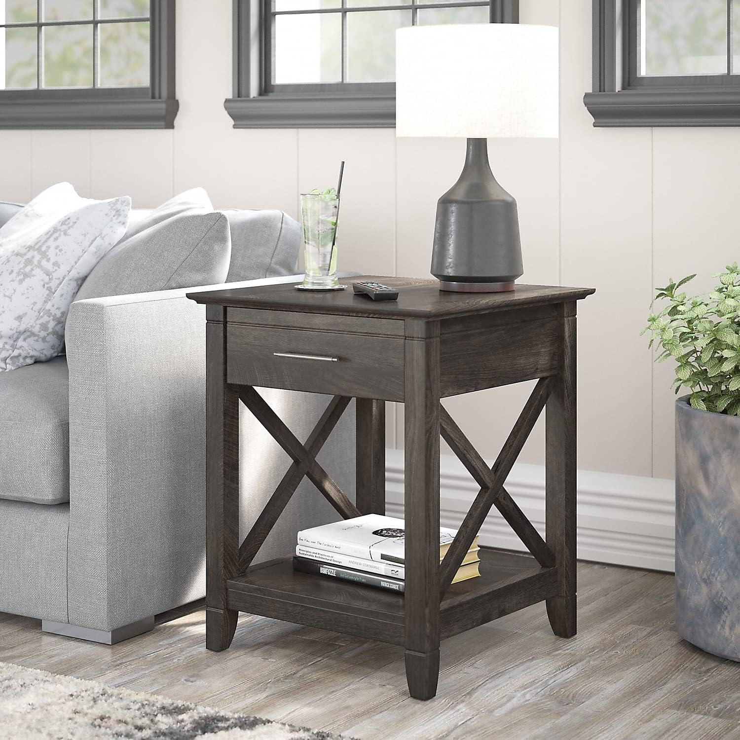 Bush Furniture Key West End Table with Storage, Dark Gray Hickory