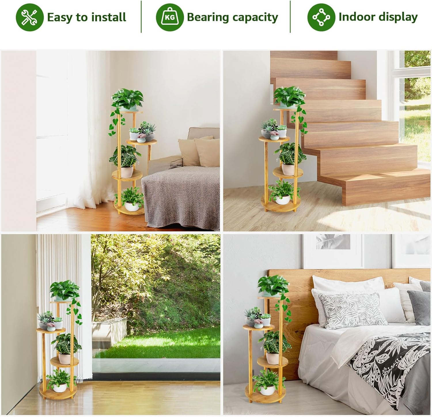 Bamboo Plant Stand Indoor, 4-Tier Planter Shelf for Multiple Plants, Tall Corner Holder for Living Room, Outdoor Display Rack for Balcony Patio, Flower Potted Stand for Office Decor