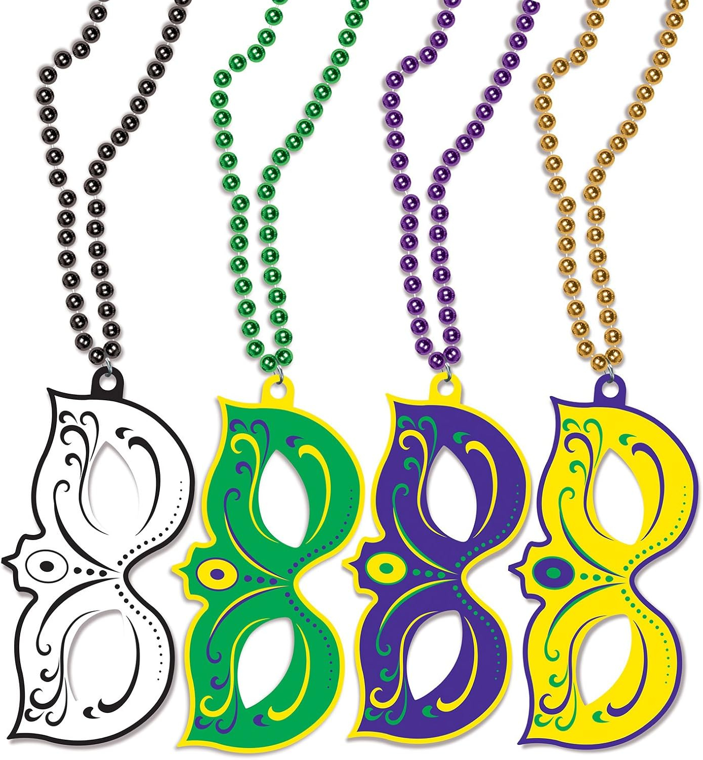 Beistle Mardi Gras Masks w/Beads, 4" x 7 .75" / 33", (4/Pkg) Multicolored