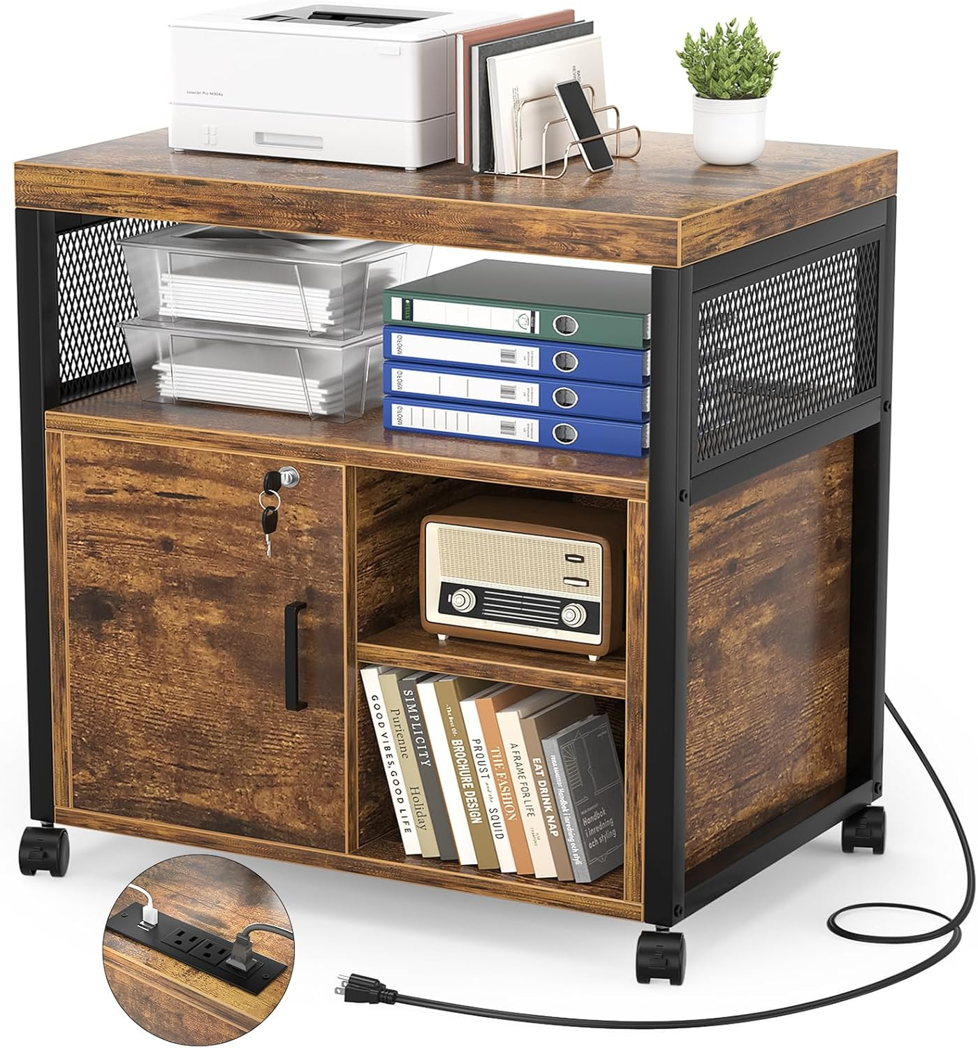 File Cabinet, Locking Office Filing Cabinets with Socket and USB Charging Port, Modern Rolling Printer Stand with Storage for Printer Scanner Fax Home Office Use with Wheels,Brown