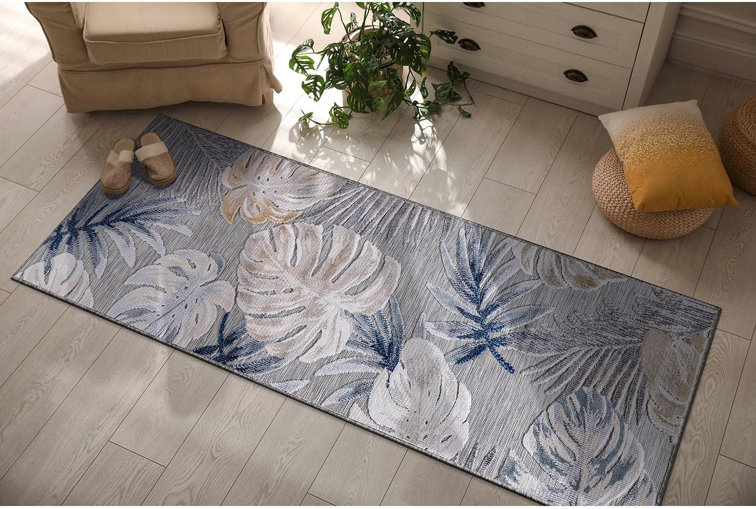 CAMILSON Spring Leaf Tropical Botanical Easy-Cleaning Non-Shedding Washable Outdoor Indoor Area Rug Blue 9x12