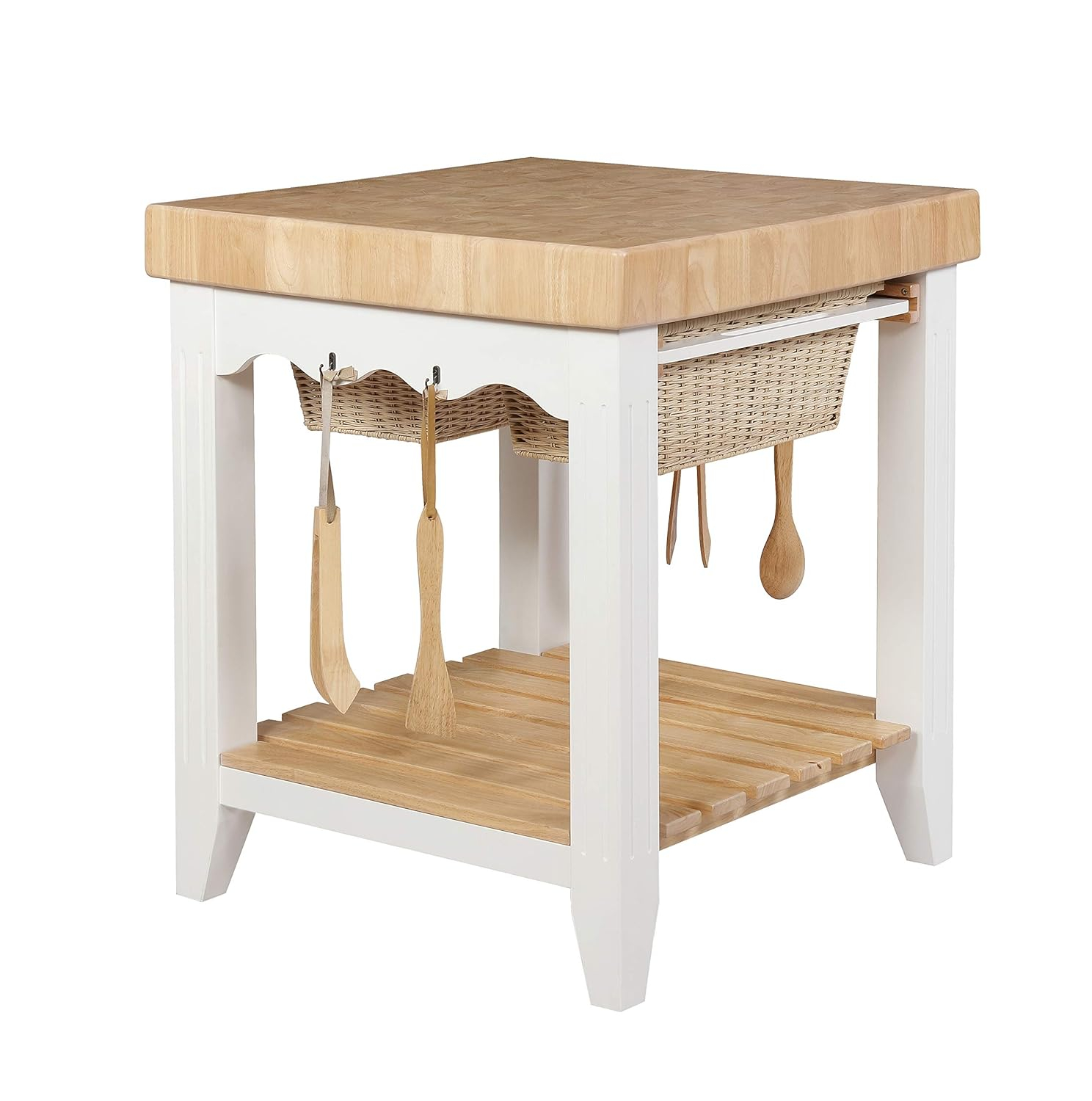 Linon Kolton Butcher Block Kitchen Island with 2 Baskets in White/Natural Wood
