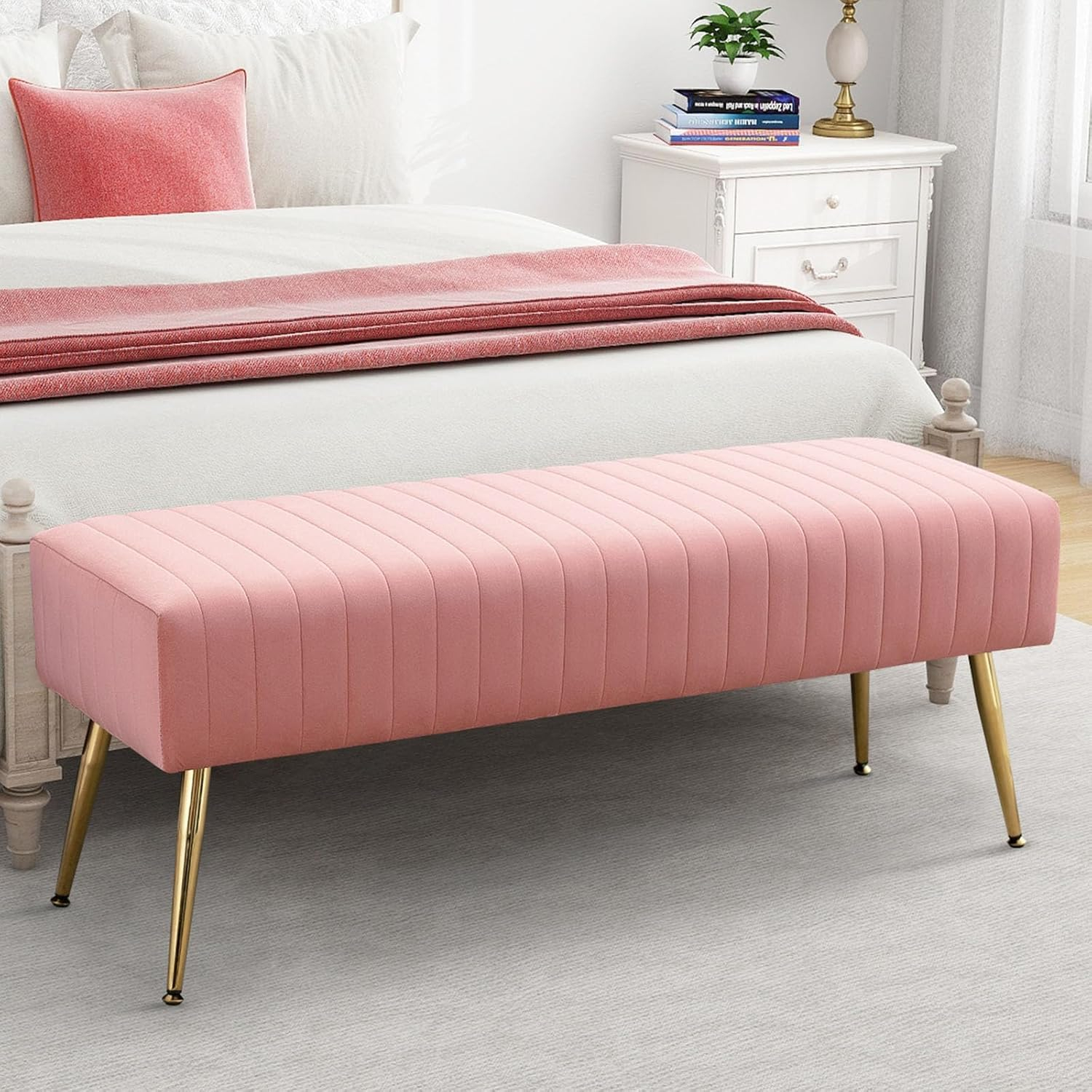 Furniliving Velvet Ottoman Bench  Modern Upholstered Bench  Indoor Entryway  Bench,  Pink