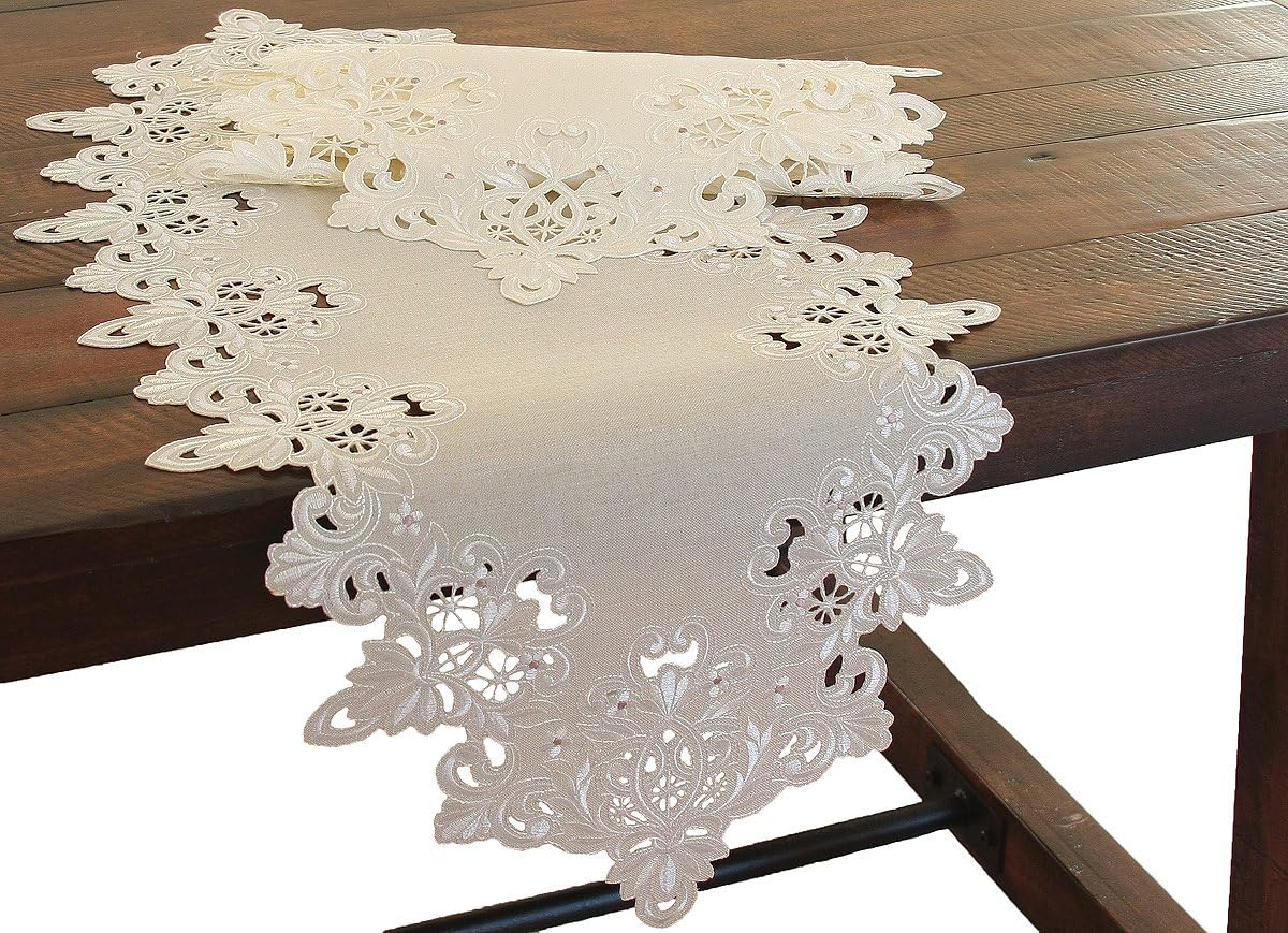 Victorian Lace Embroidered Cutwork Table Runner, 16 by 34-Inch, Taupe