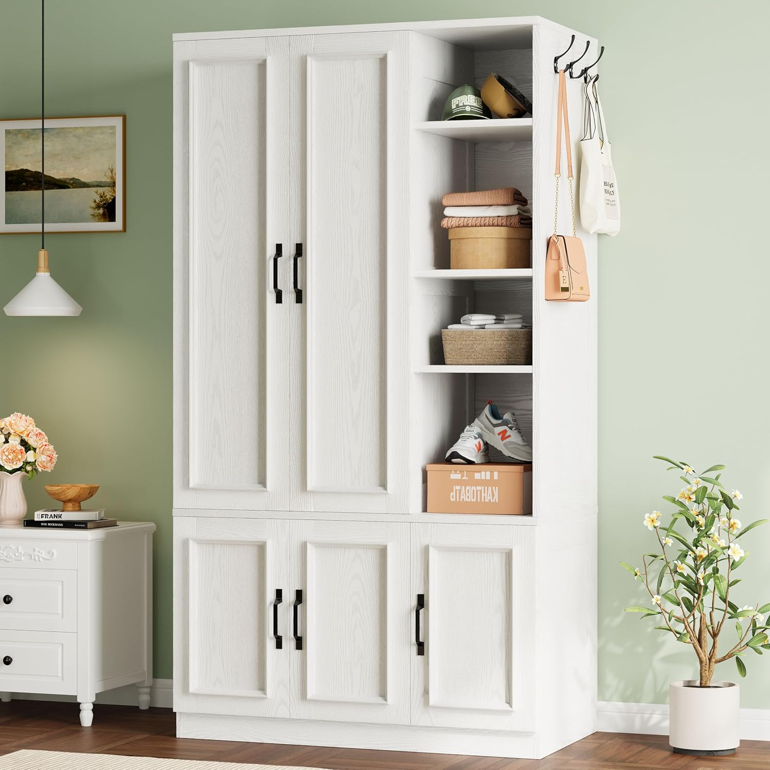 LIKIMIO Armoire Wardrobe Closet 70" H, 5 Doors Bedroom Wooden Wardrobe with 4 Storage Shelves and Hanging Rod, Clothing Storage Cabinet Organizer Combination, White